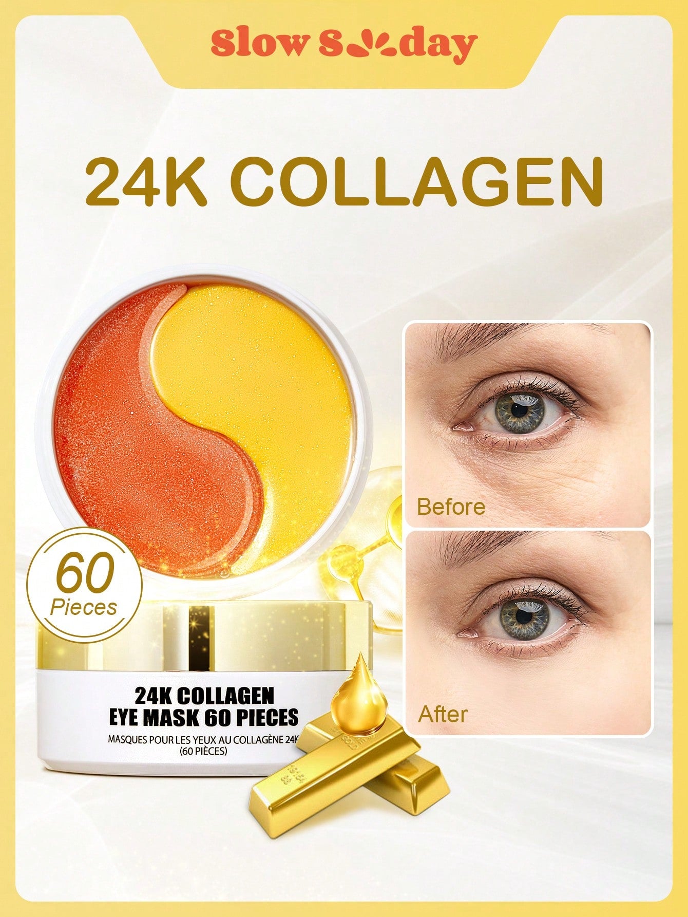 SlowSunday Under Eye Collagen Patches Eye Masks with 24K Gold, Eye Gel Treatment Masks for Puffy Eyes, Eye Pads for Dark Circles, Under Eye Bags, Anti Wrinkle, Moisturizing Improves Elasticity 30 PAIRS