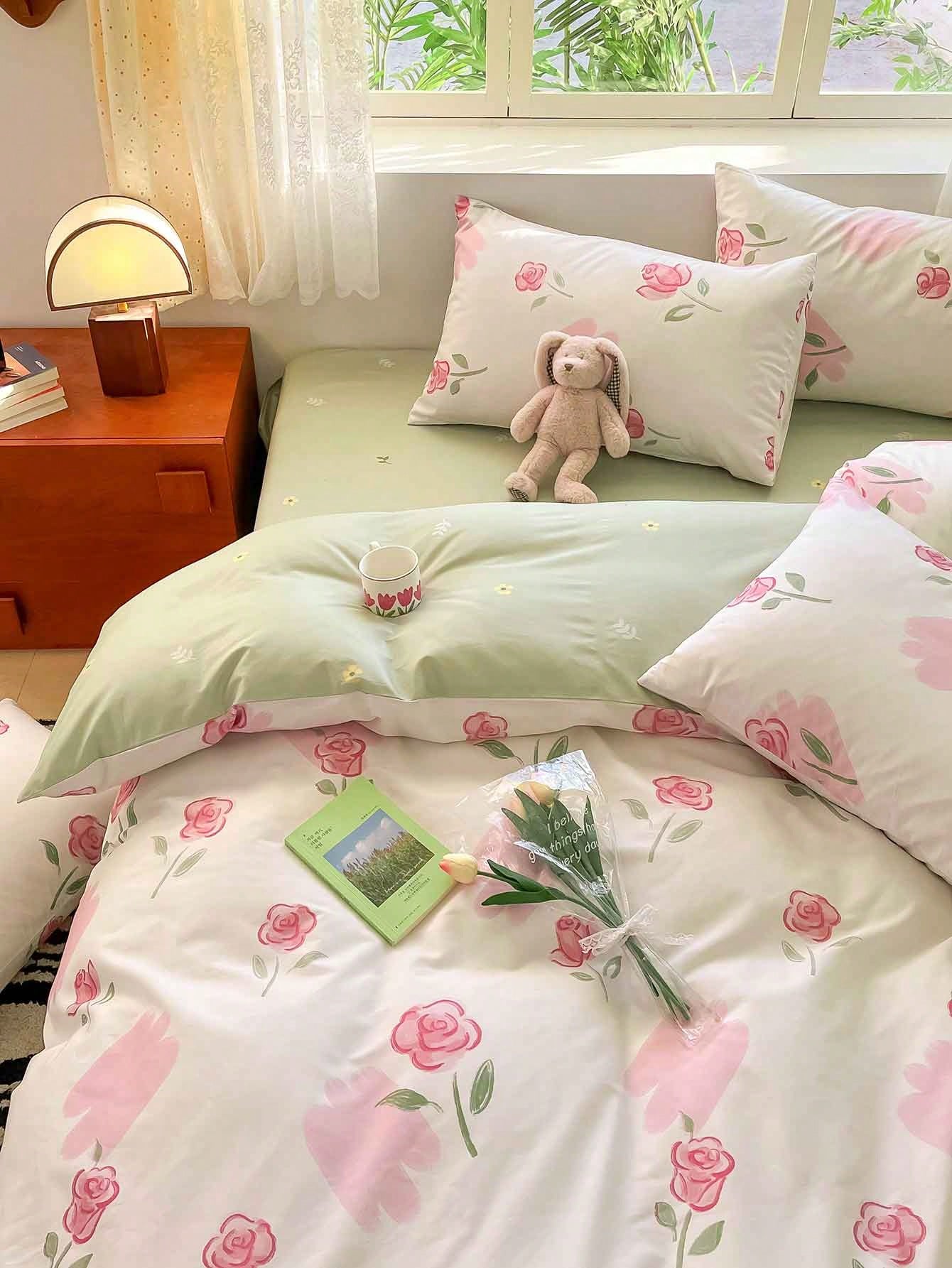 3pcs Simple Floral  Bedding Set, 2 Pillow Cases   1 Duvet Cover