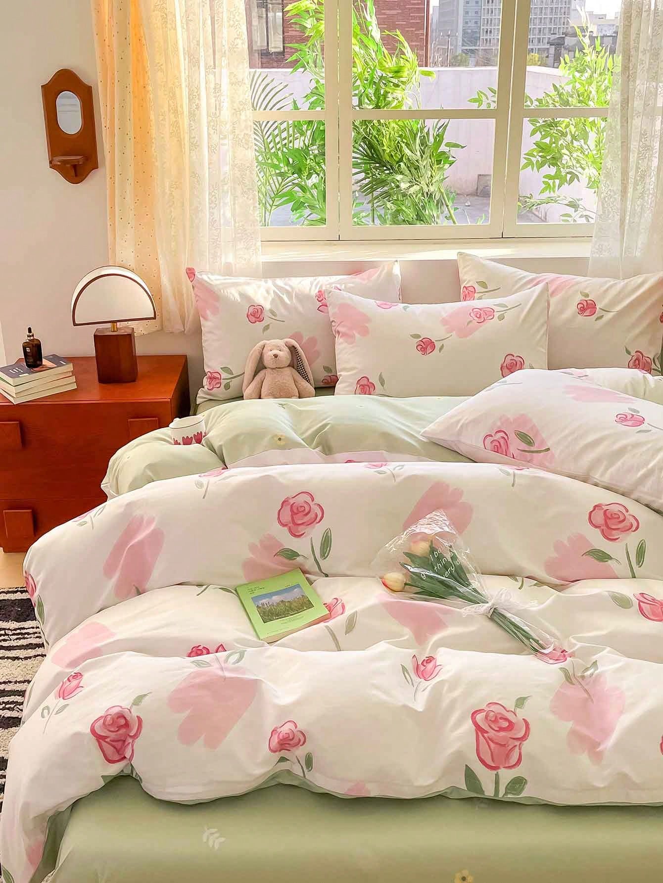 3pcs Simple Floral  Bedding Set, 2 Pillow Cases   1 Duvet Cover