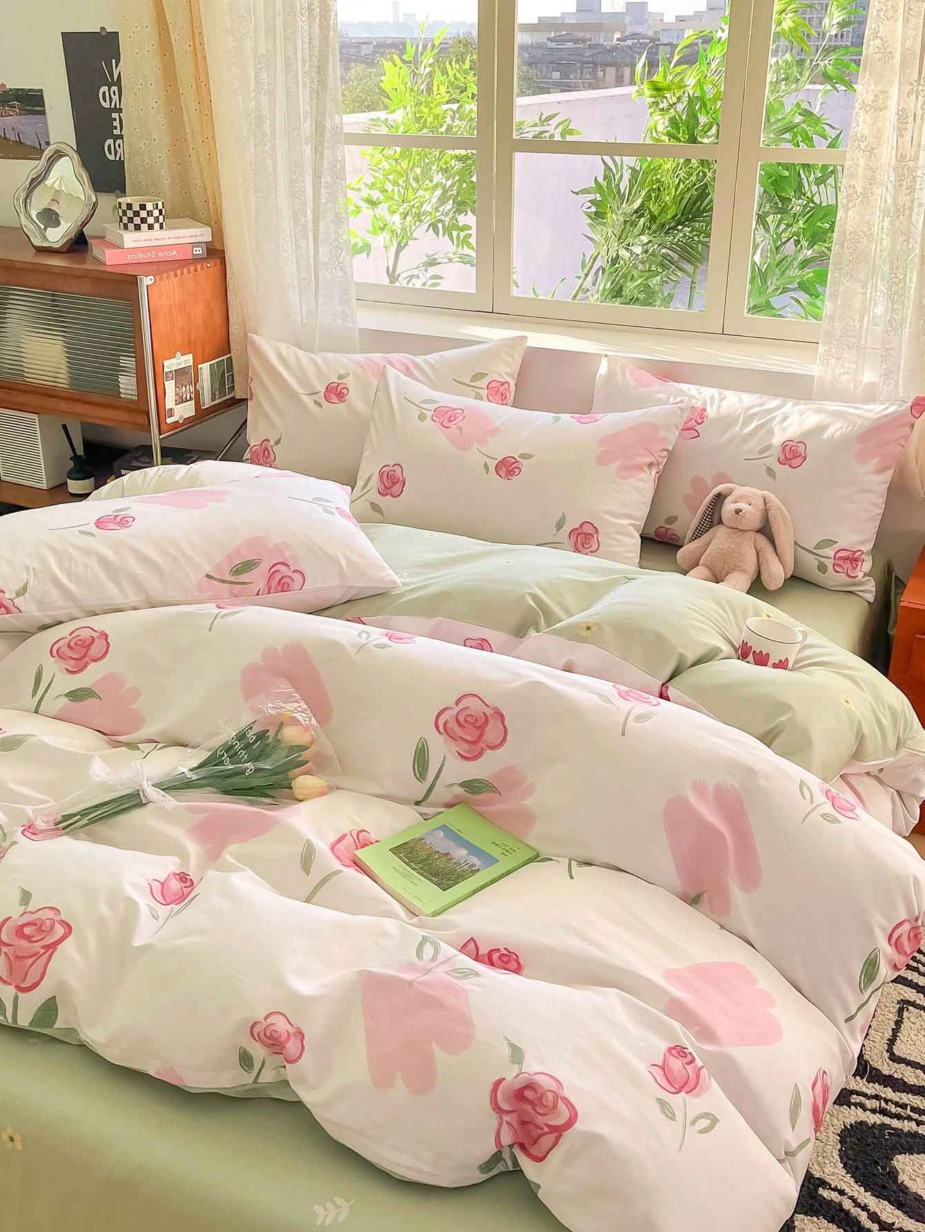 3pcs Simple Floral  Bedding Set, 2 Pillow Cases   1 Duvet Cover