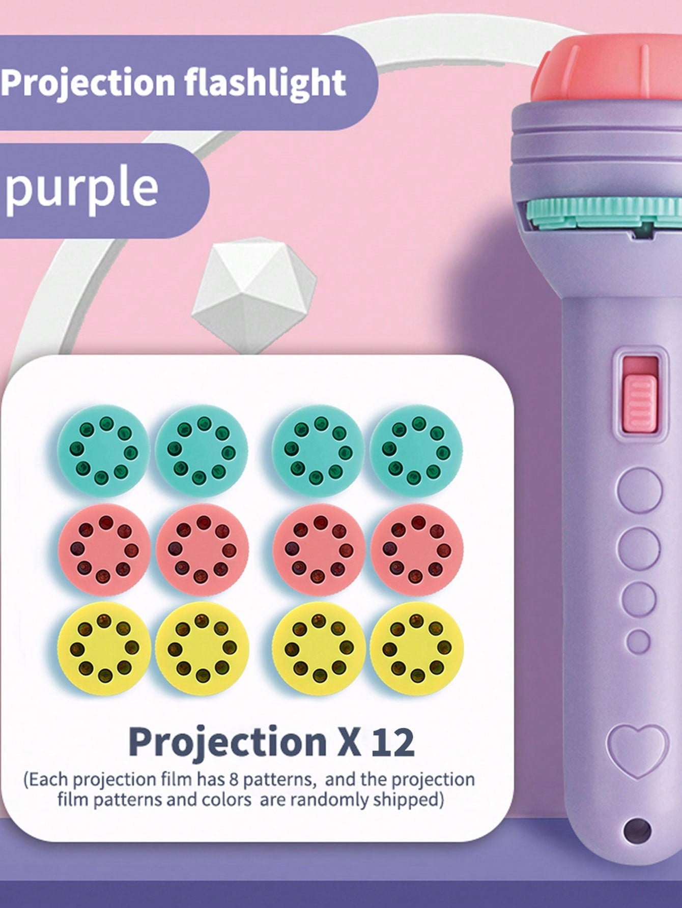 Projection Flashlight [12 Projection Slides With 96 Random Patterns] - (Picture Identification/Early Learning/Quickly Switching Images By Rotating The Slides/Parent-Child Interaction/Easy And Fun To Play)