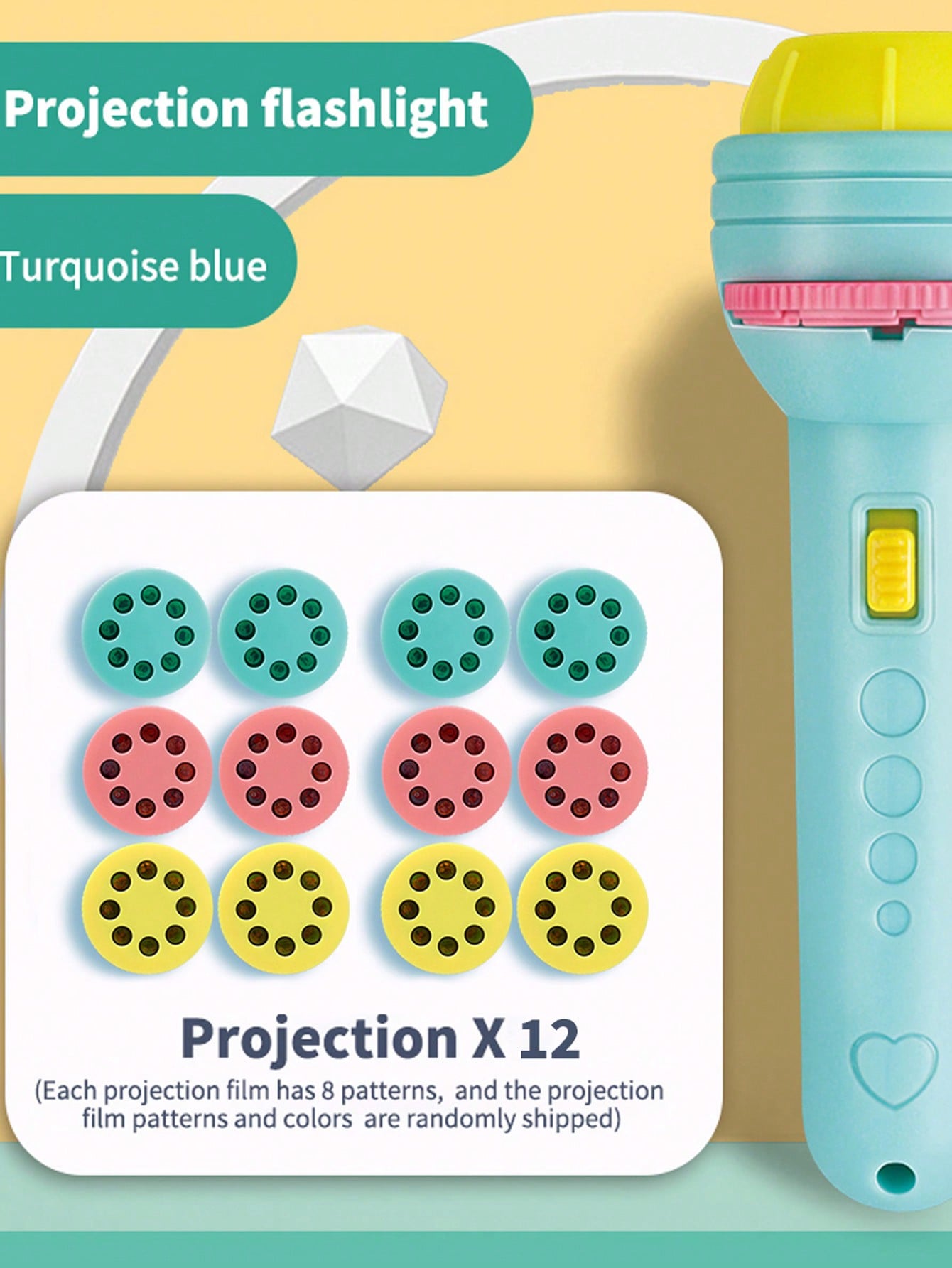 Projection Flashlight [12 Projection Slides With 96 Random Patterns] - (Picture Identification/Early Learning/Quickly Switching Images By Rotating The Slides/Parent-Child Interaction/Easy And Fun To Play)