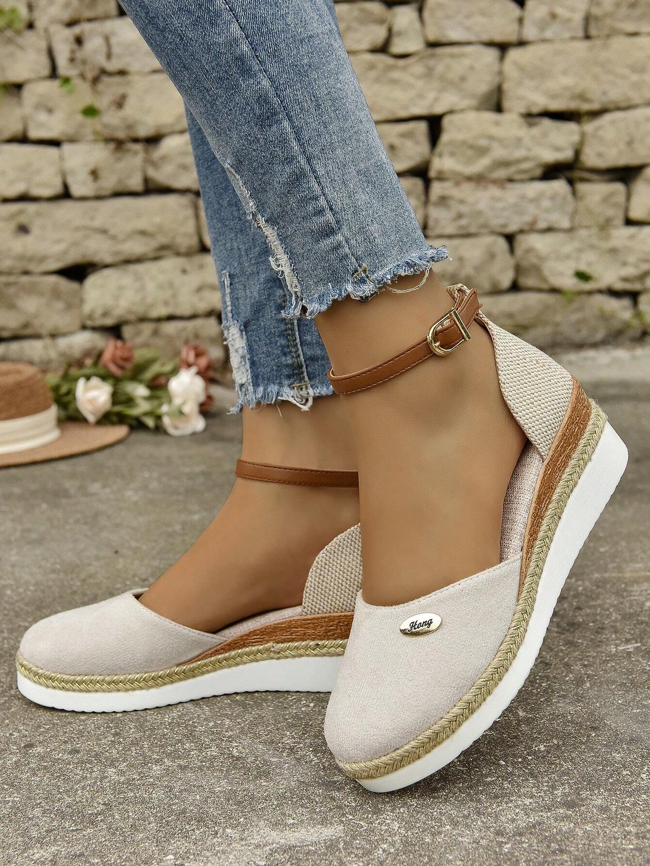 Women's Plus Size Faux Suede Spliced Fashionable Lightweight Espadrilles Sandals With Elegant Wedge Heel & Thick Sole