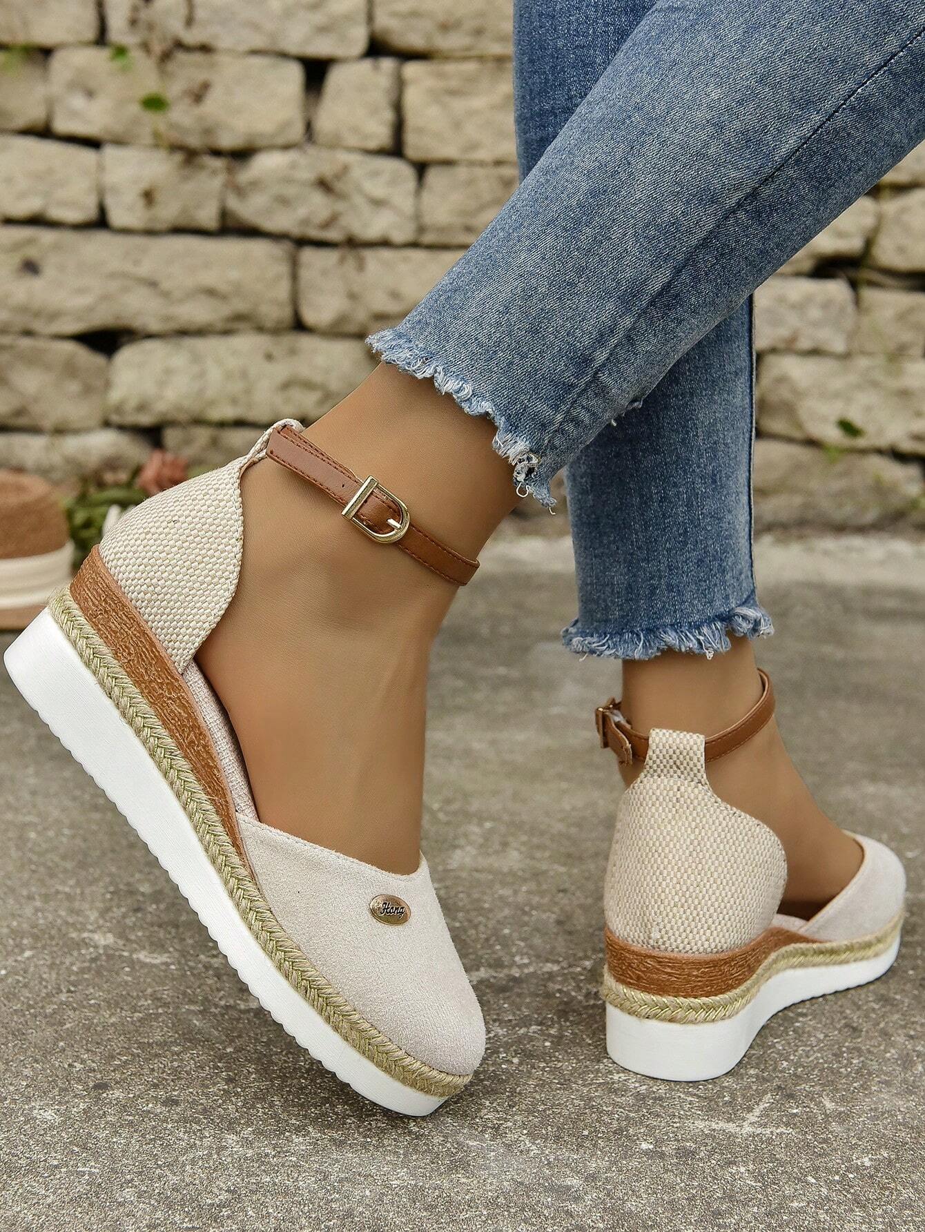 Women's Plus Size Faux Suede Spliced Fashionable Lightweight Espadrilles Sandals With Elegant Wedge Heel & Thick Sole