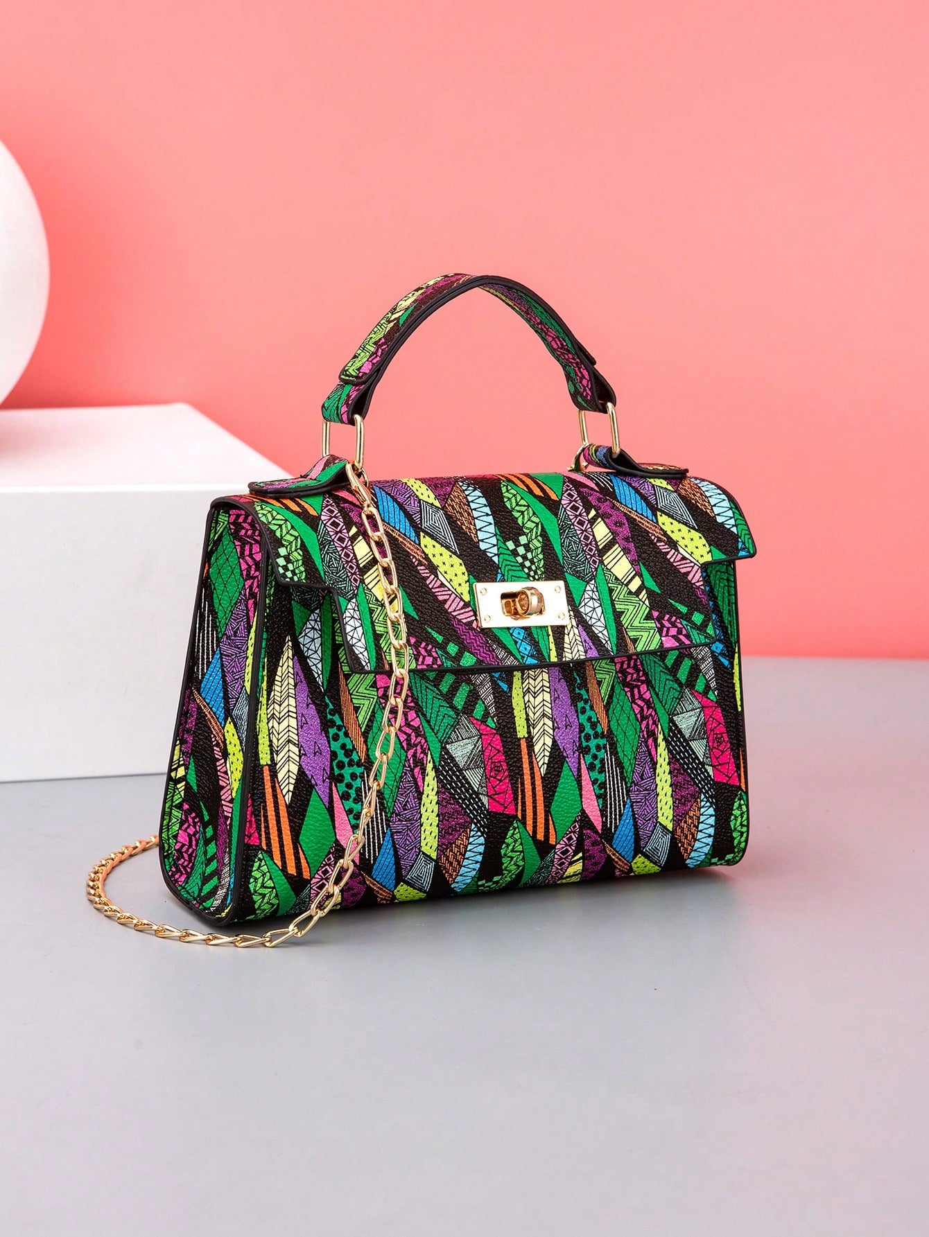 Crossbody Chain Mini Square Bag With Trendy Printed Top Handle And Multicolor Print For Women