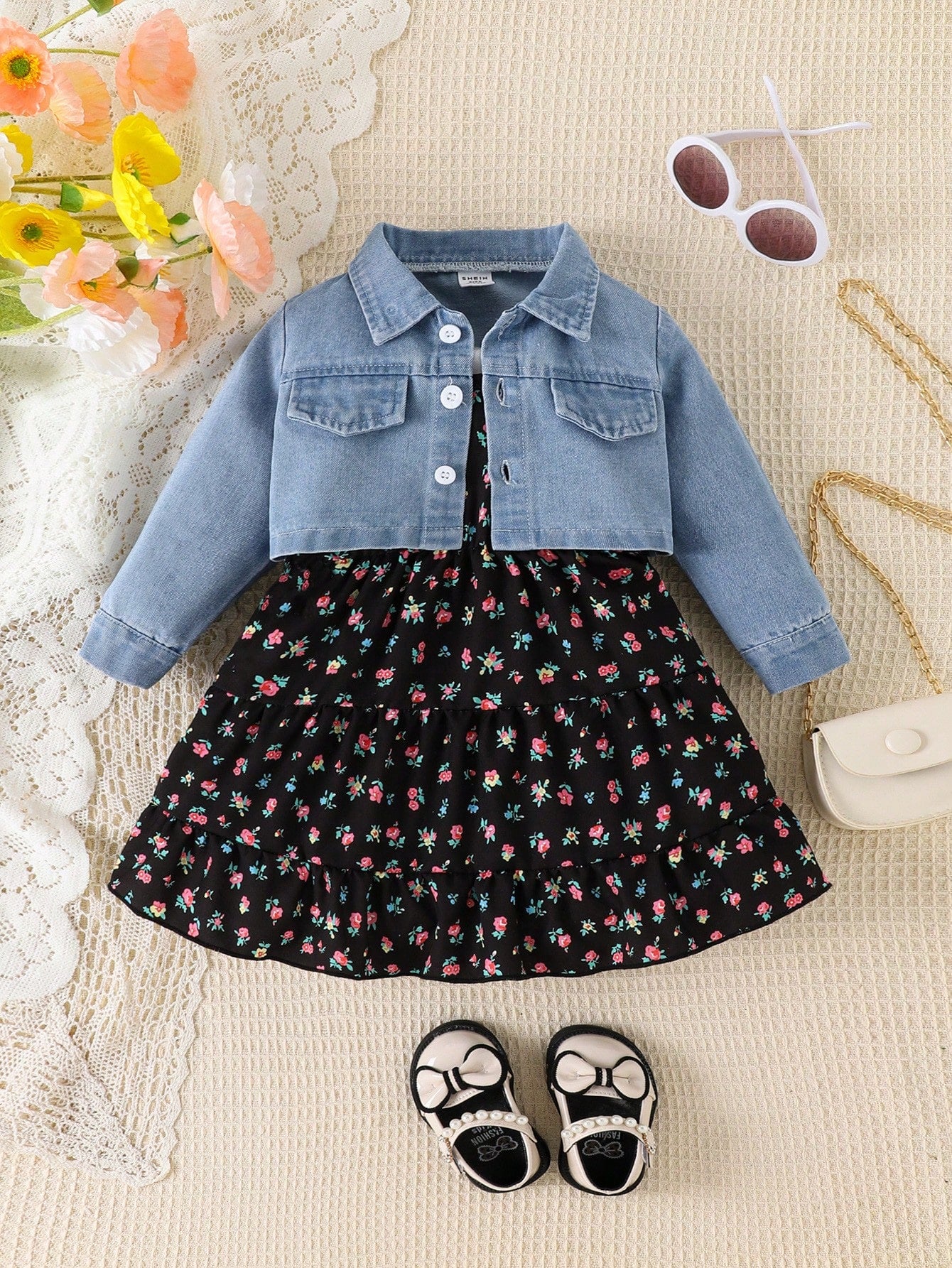 Baby Girl Flap Pocket Denim Jacket & Floral Print Ruffle Hem Cami Dress