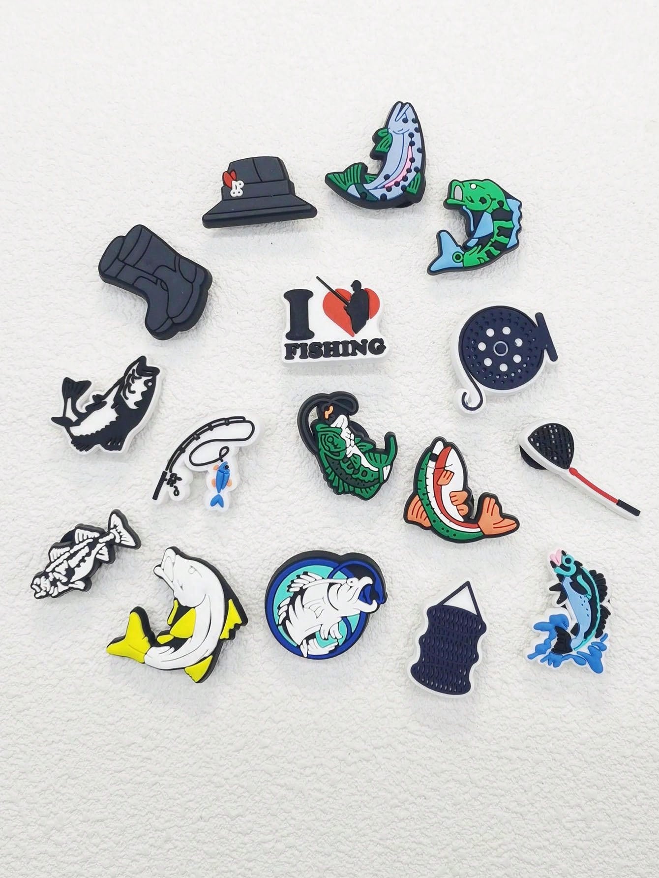 16PCS PVC Love Fishing Series Decor Shoe Charms Buckles Accessories DIY Funny Pattern Clog Pins Decorations Fit Adults Hole Garden Shoes Bubble Slides Slippers Sandals Beach Bag Xmas Halloween Birthday Party Gifts (Shoes Not Included)