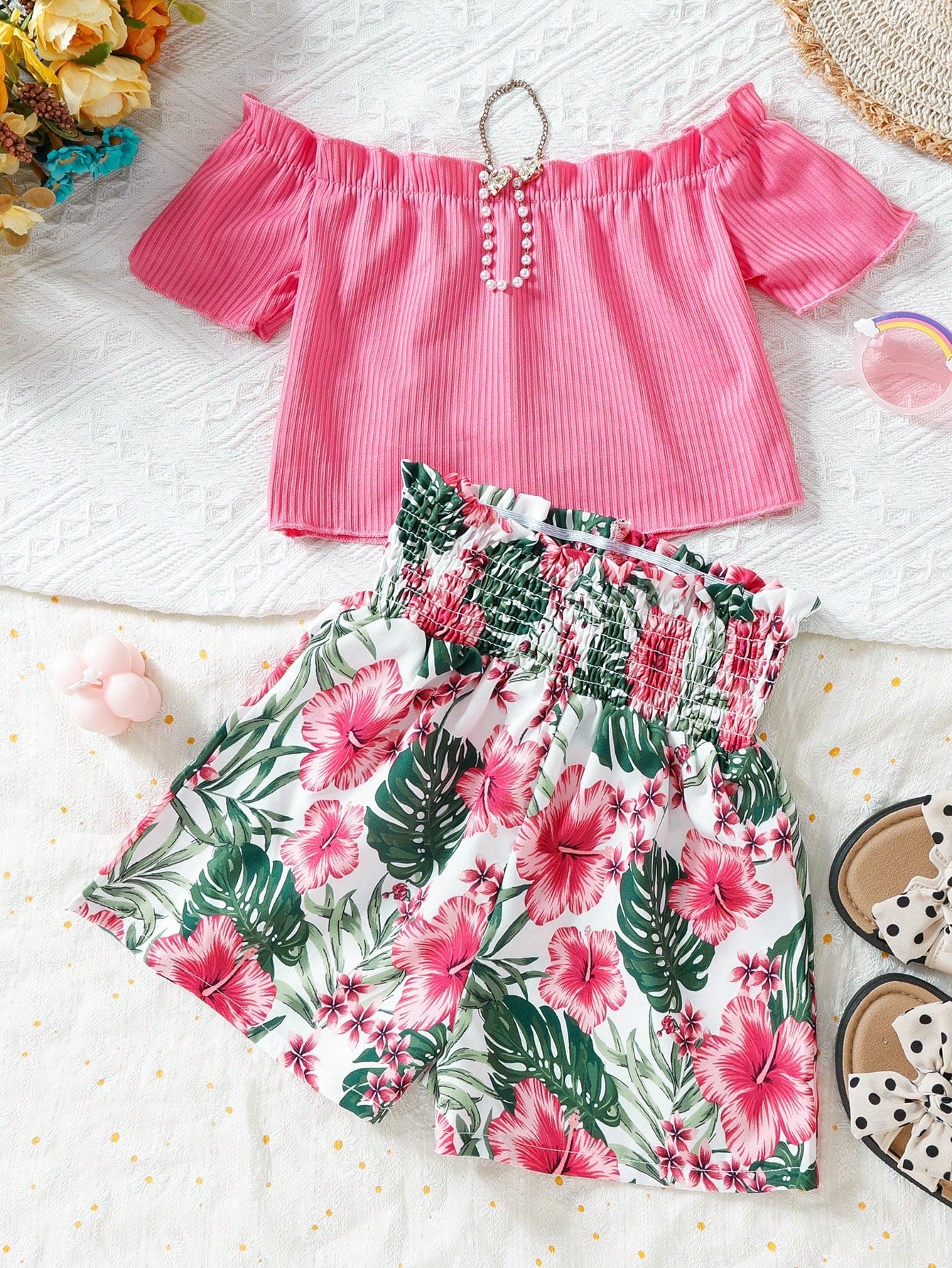 Tween Girl's One Shoulder Top With Ruffle Hem & Botanical Print Shorts, 2pcs/Set