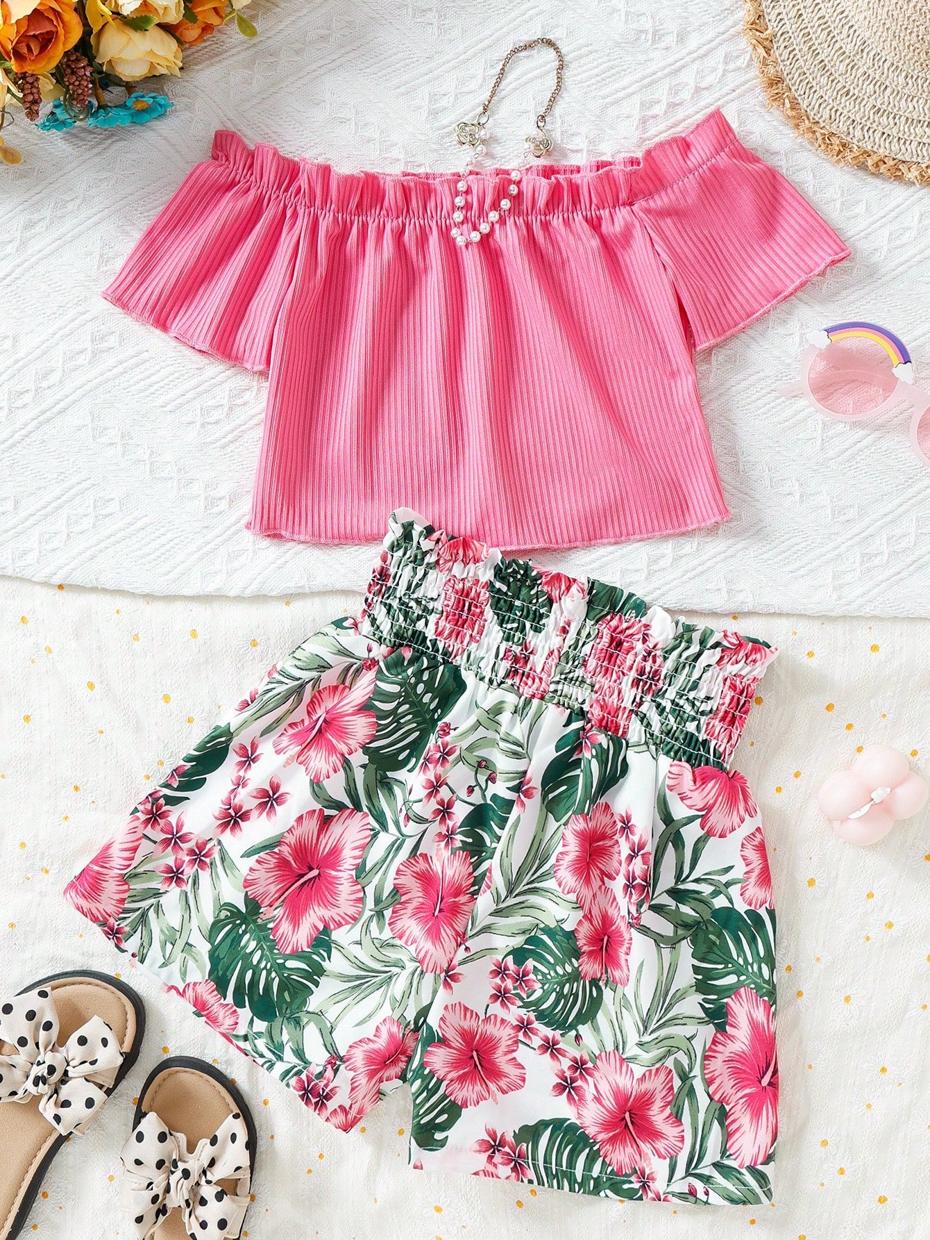 Tween Girl's One Shoulder Top With Ruffle Hem & Botanical Print Shorts, 2pcs/Set