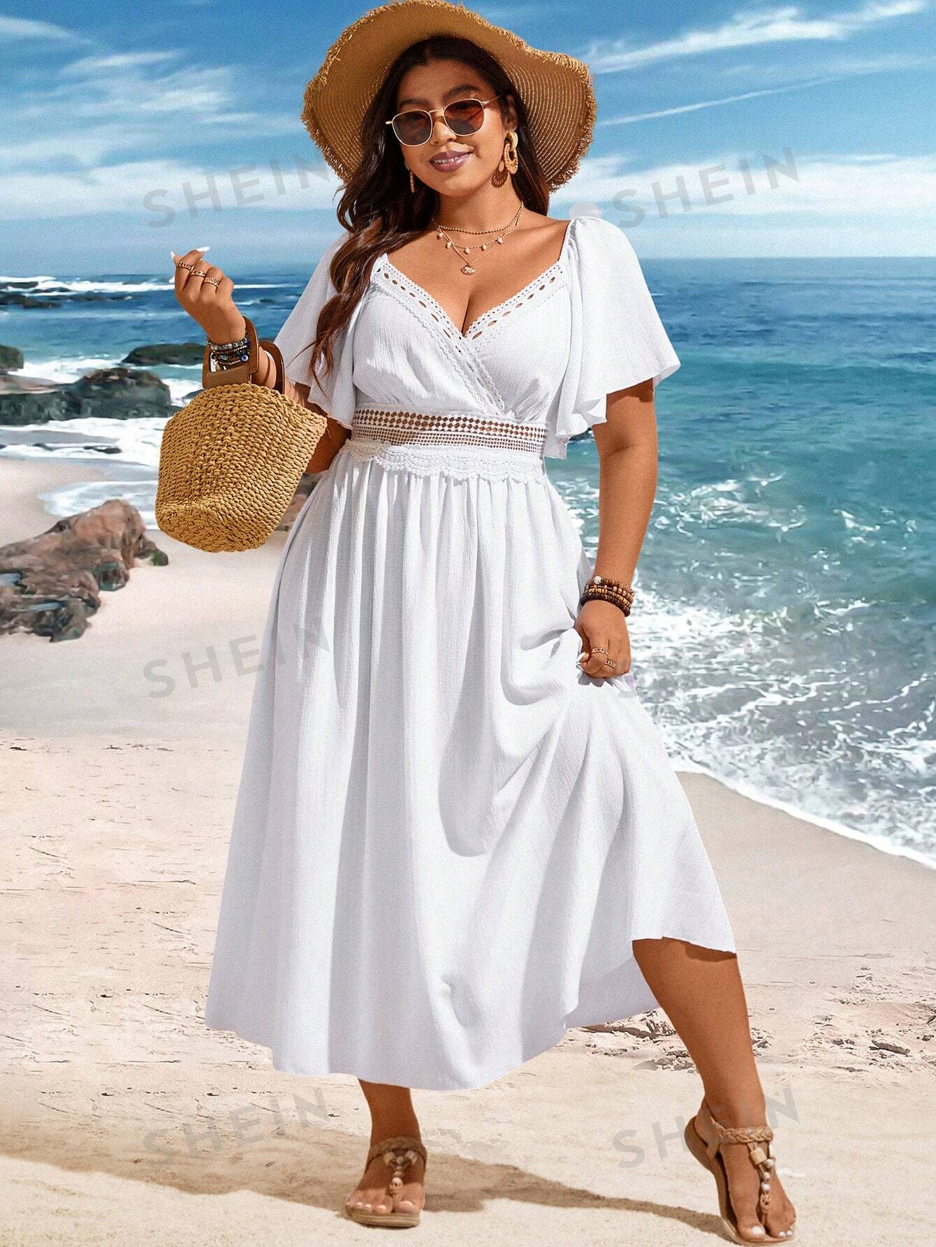 SHEIN VCAY Plus Size Lace Insert Flare Short Sleeve Dress