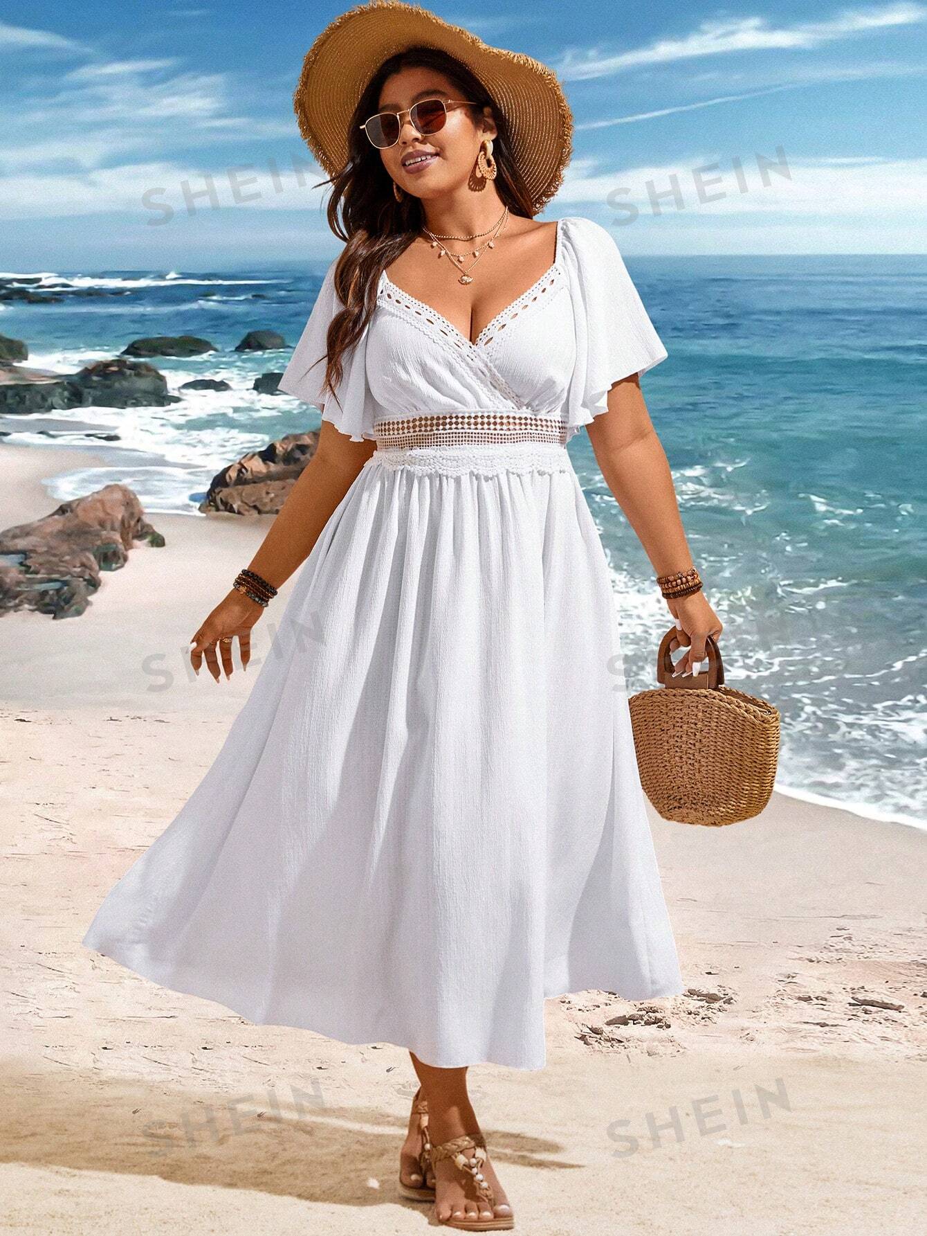 SHEIN VCAY Plus Size Lace Insert Flare Short Sleeve Dress