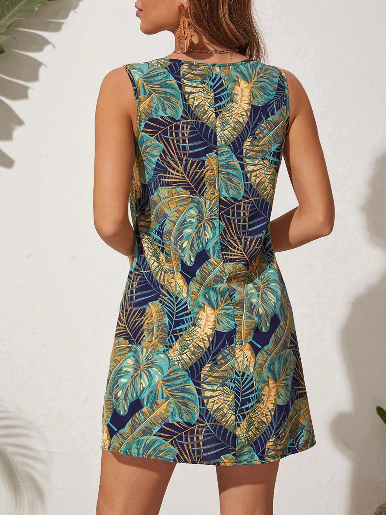 VCAY Tropical Print Sleeveless Round Neck Vacation Dress