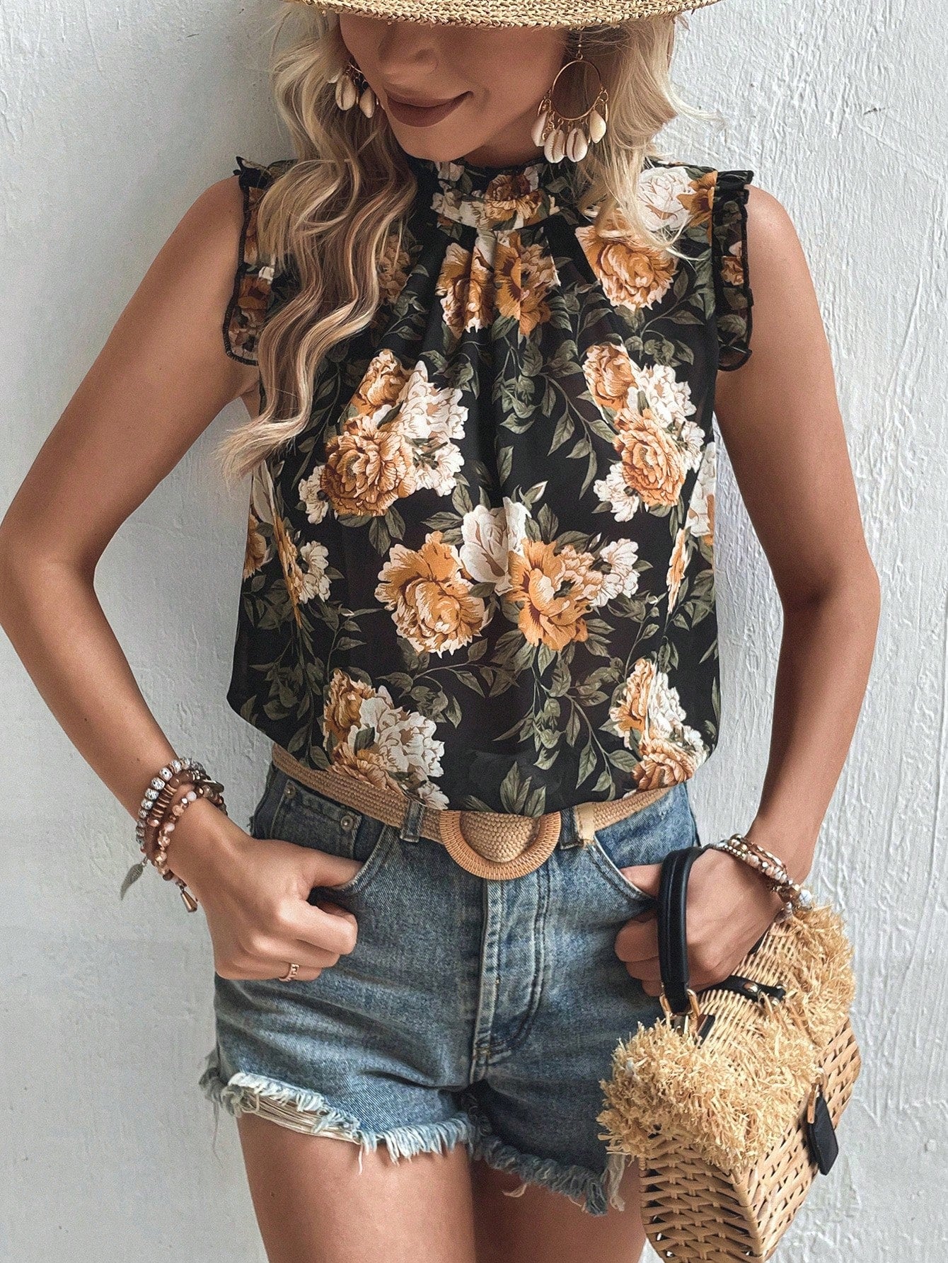 Holidaya Floral Print Keyhole Back Sleeveless Blouse