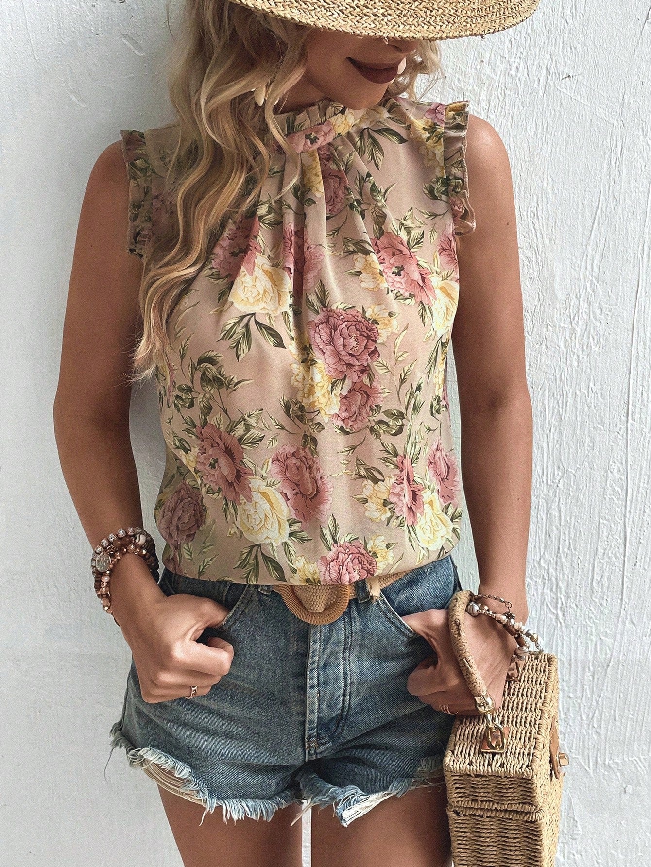 Holidaya Floral Print Keyhole Back Sleeveless Blouse