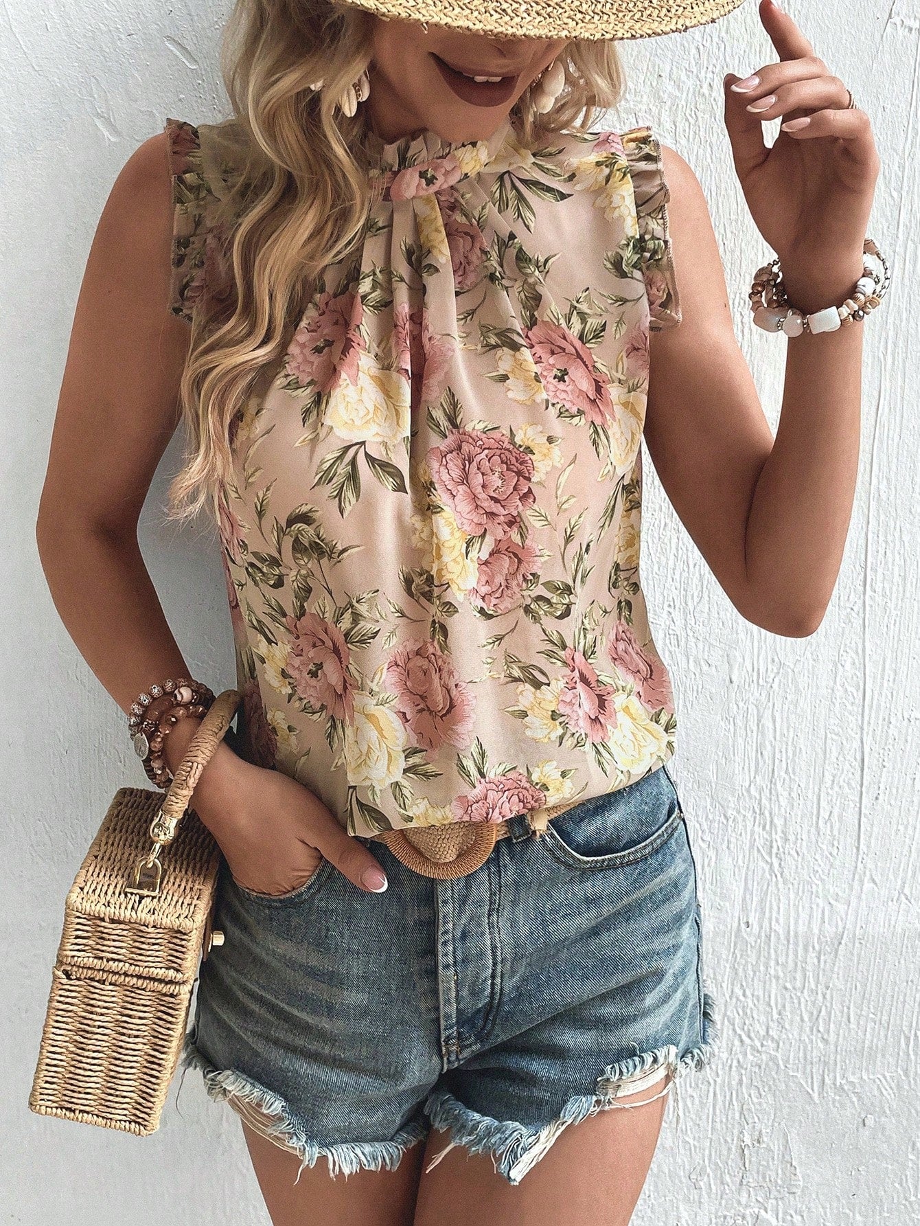 Holidaya Floral Print Keyhole Back Sleeveless Blouse