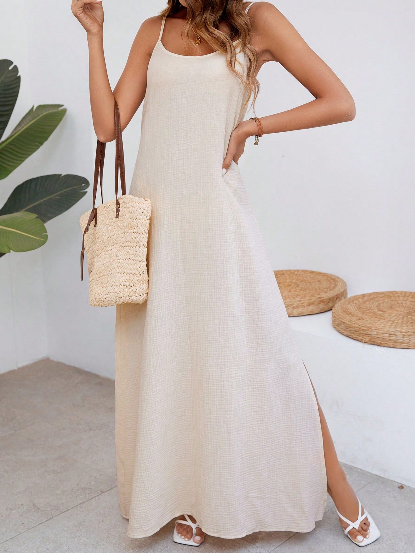 Holidaya Solid Color Side Slit Spaghetti Strap Dress