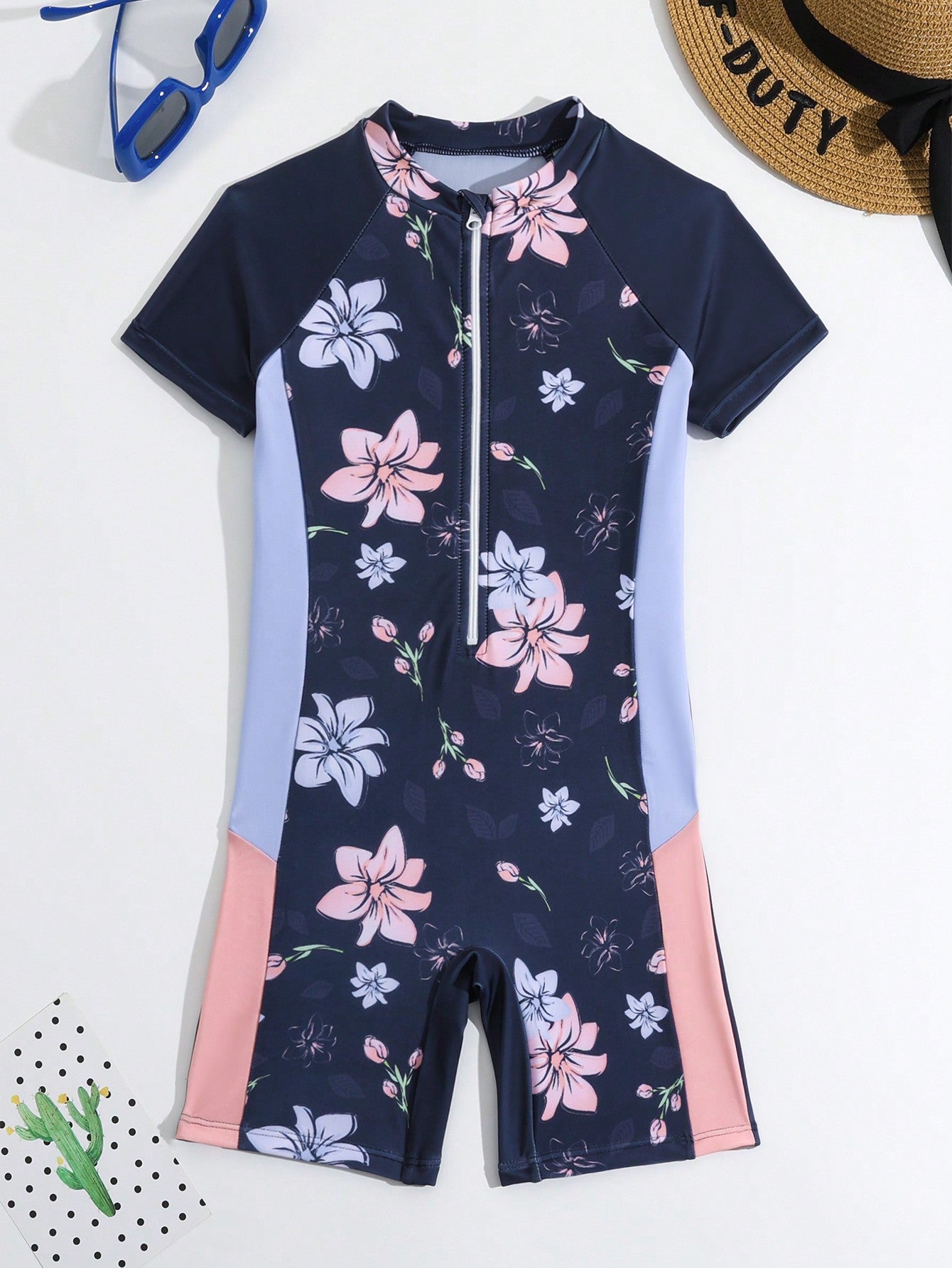 Young Girls' Floral Zipper Half Front One-Piece Swimsuit