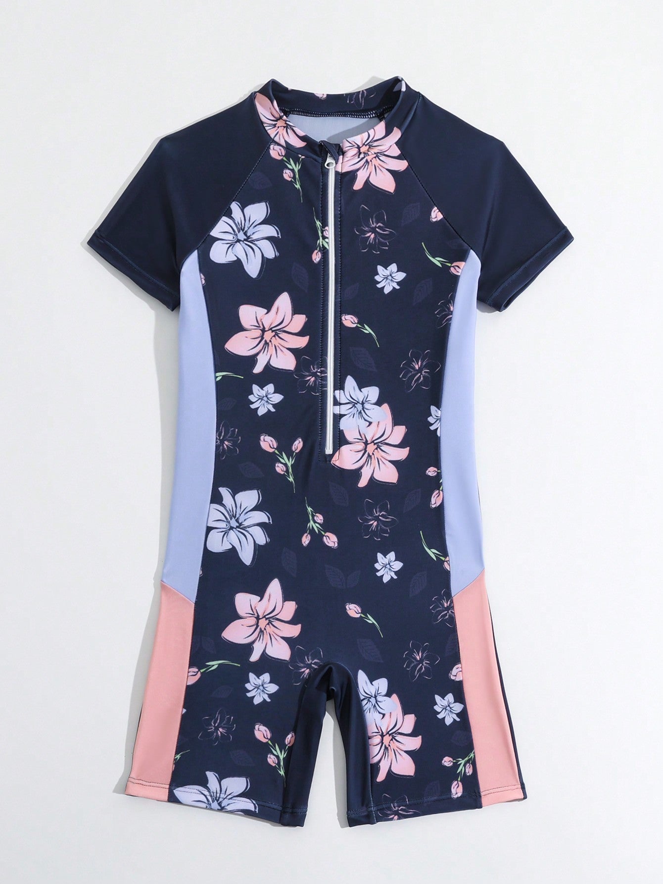 Young Girls' Floral Zipper Half Front One-Piece Swimsuit