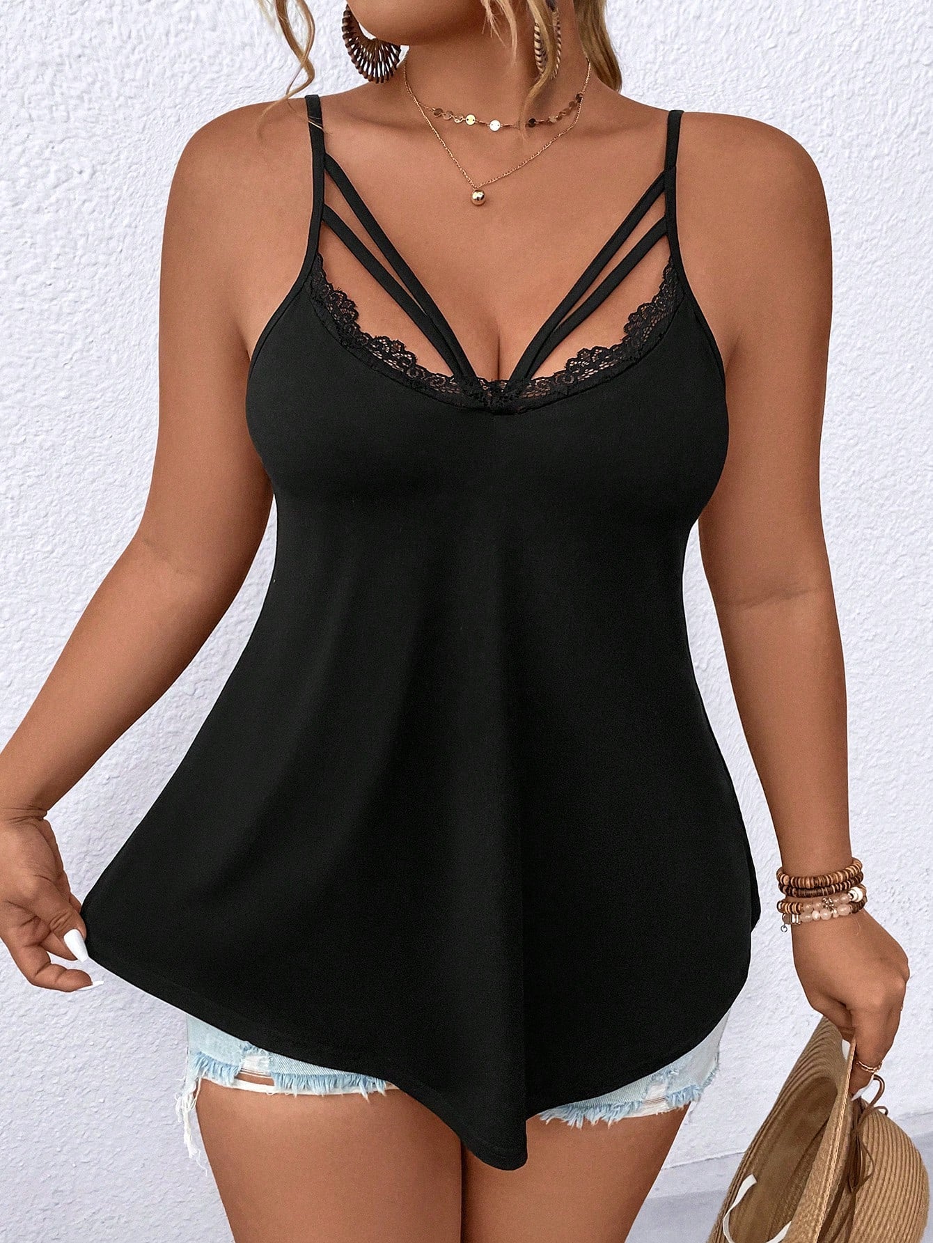 LUNE Plus Size Women's Lace Patchwork Hollow Out Camisole Tank Top