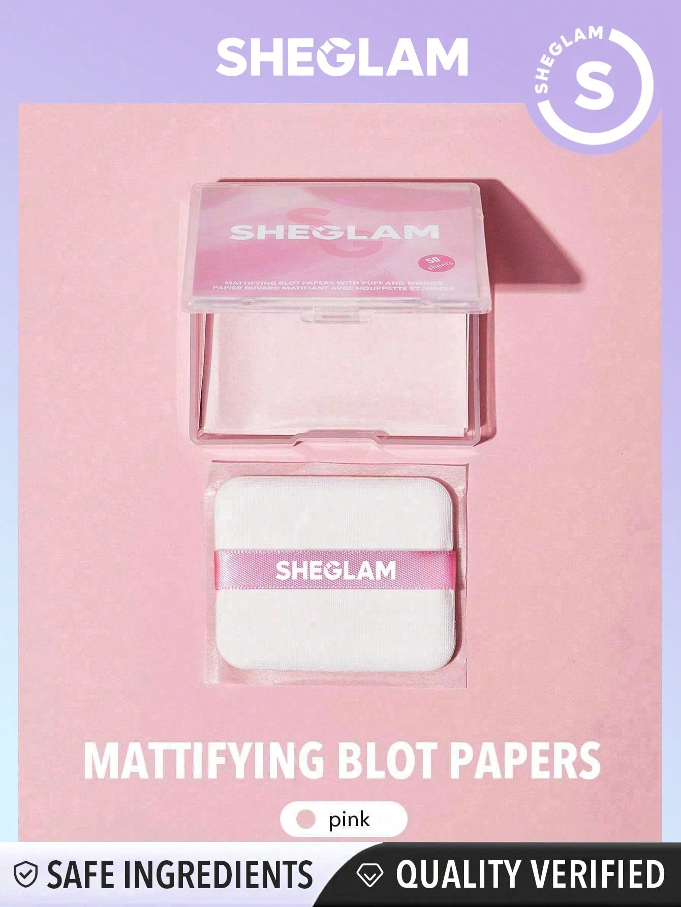 SHEGLAM Mattifying Blot Papers With Puff And Mirror 50 Pcs-Rose Portable Oil Control Film Absorb Excess Oil Makeup Friendly Black Friday Facial Cleaning Tool Xmas Christmas Gift Winter Y2K Pink