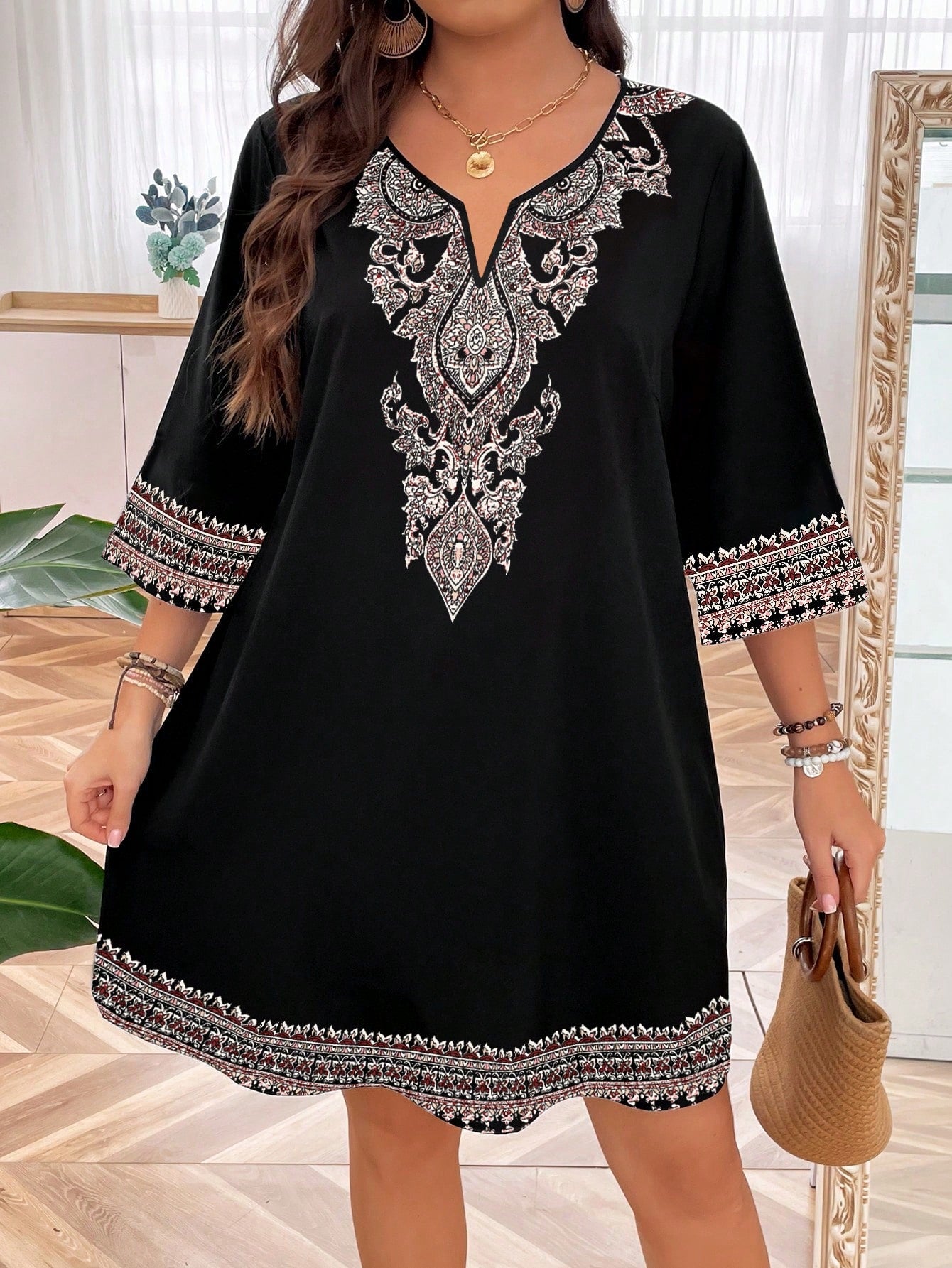 LUNE Plus Size Women's Vintage Style Embroidery Simple Daily Wear Dress