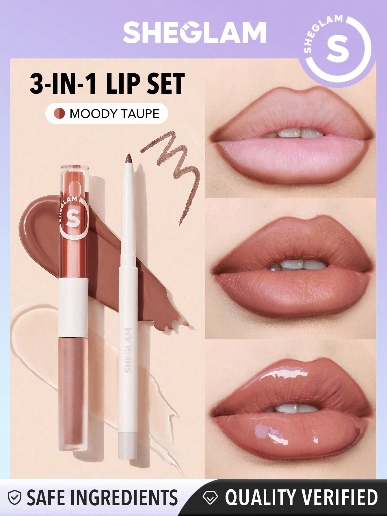 SHEGLAM Soft 90's Glam Lip Liner And Lip Duo Set-Moody Taupe Lip Set 3-In-1 Lip Makeup Plumping Lip Gloss Moisturizing Plant Extracts Long Lasting Liquid Lipstick Lip Makeup Black Friday Winter Brown Liquid Lipstick Xmas Christmas Gift Winter Y2K Pink