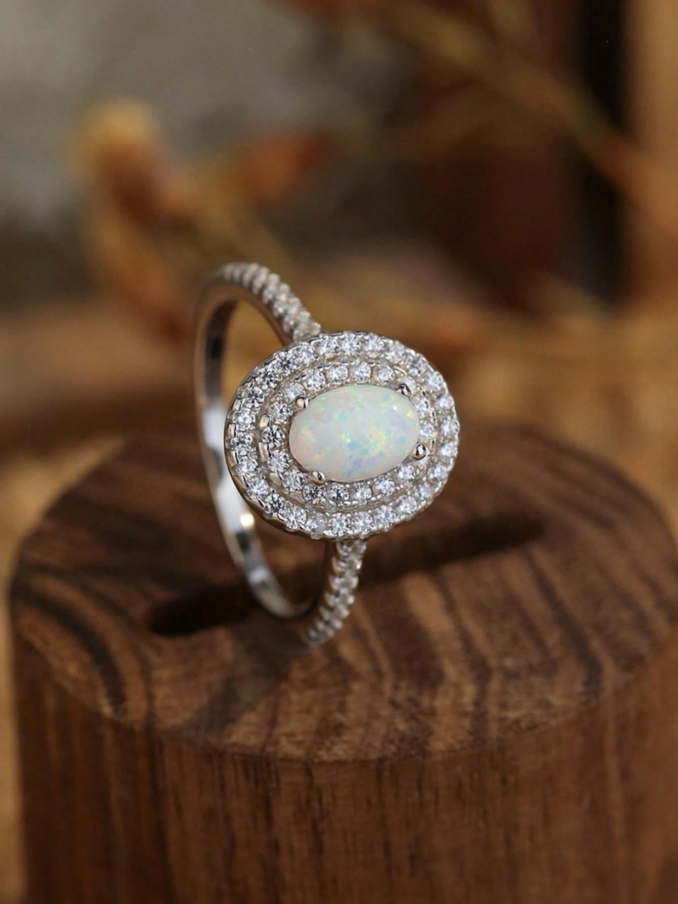 1pc S925 Sterling Silver Natural Australian Opal Cubic Zirconia Assorted Shapes Ring, Suitable For Women's Daily Wear, Elegant