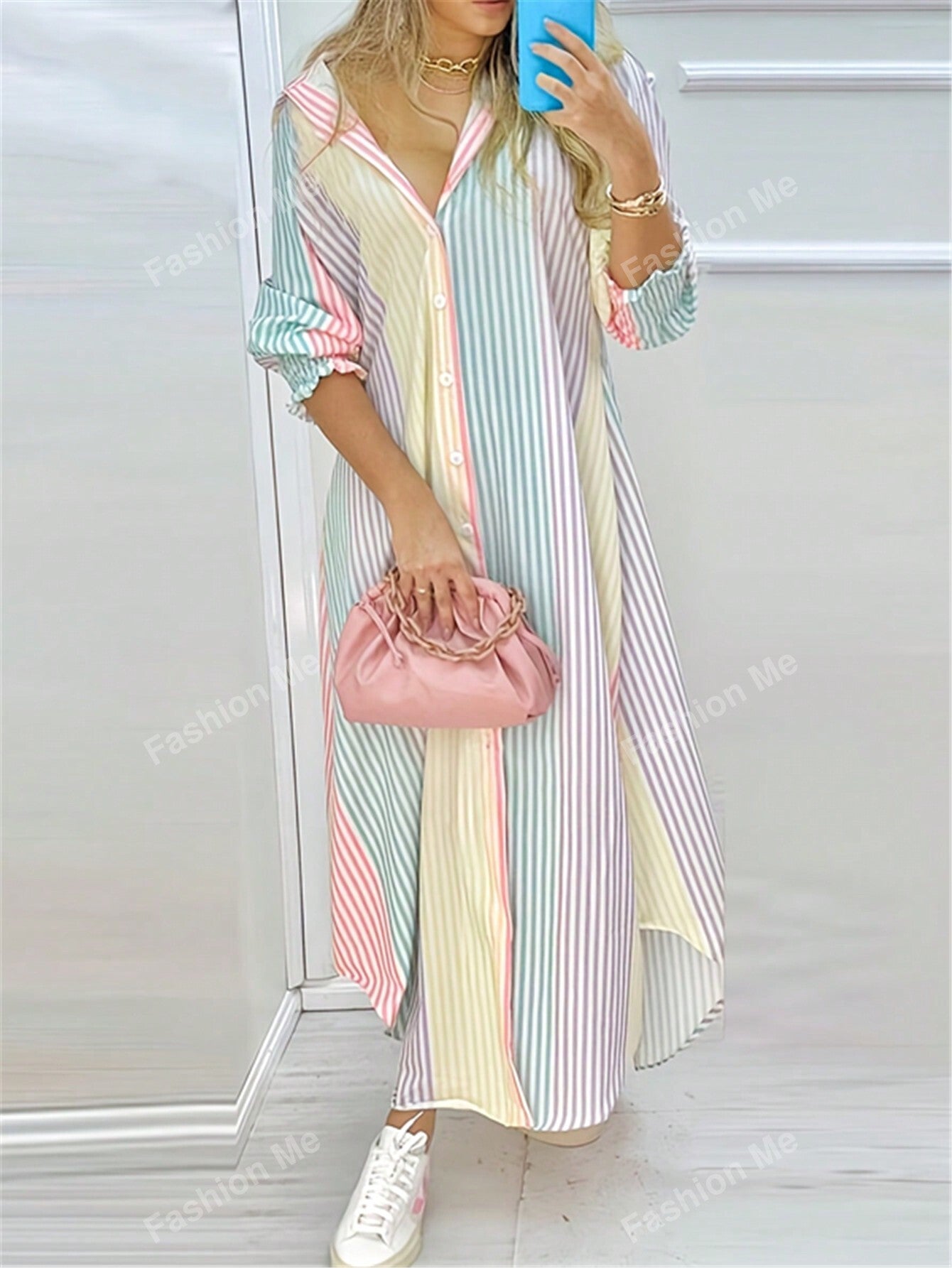 Spring And Summer New Single-Breasted Striped Shirt Irregularly Dress