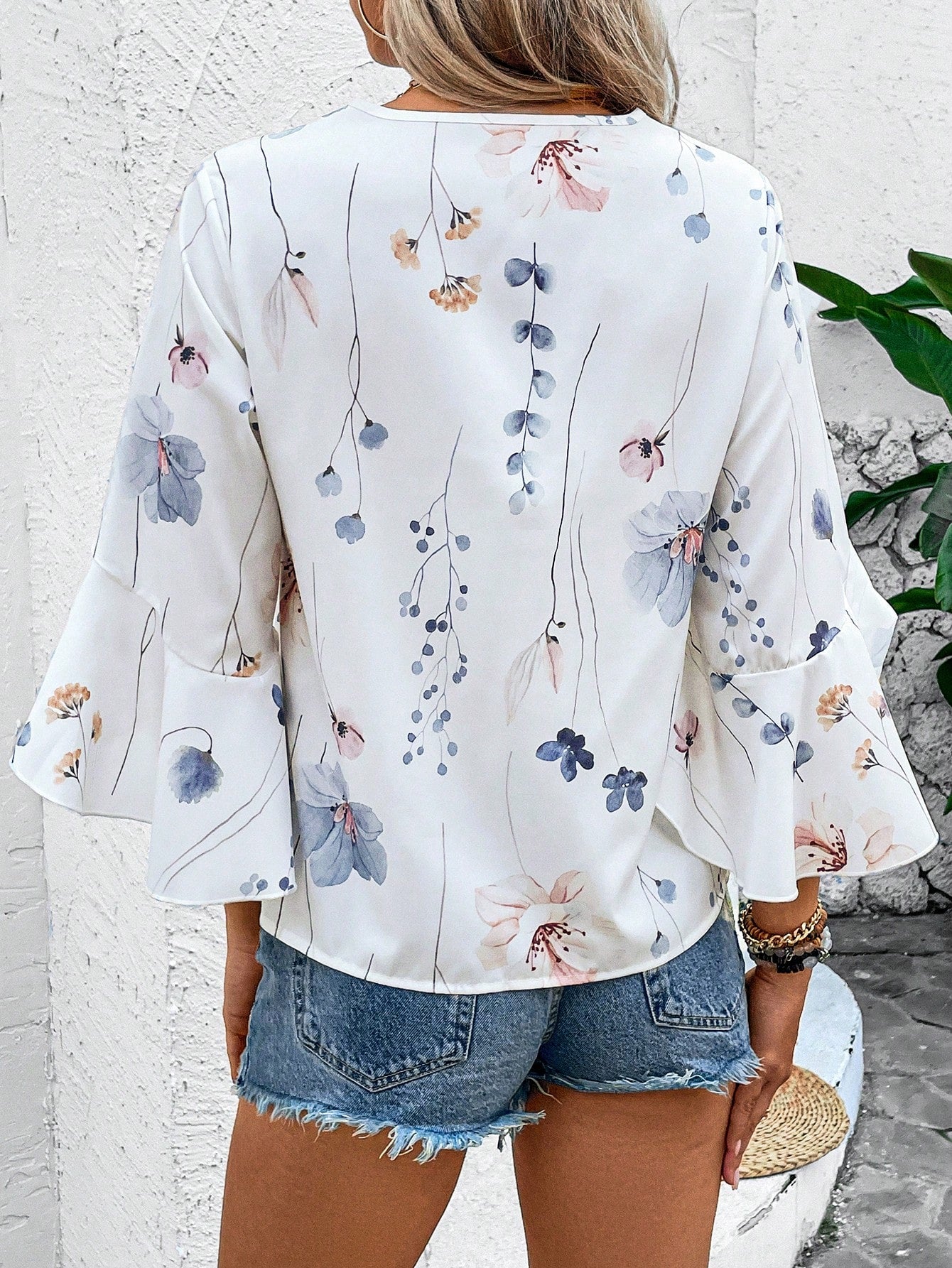 Holidaya Flower Printed Lace Trimmed Bell Sleeve Shirt