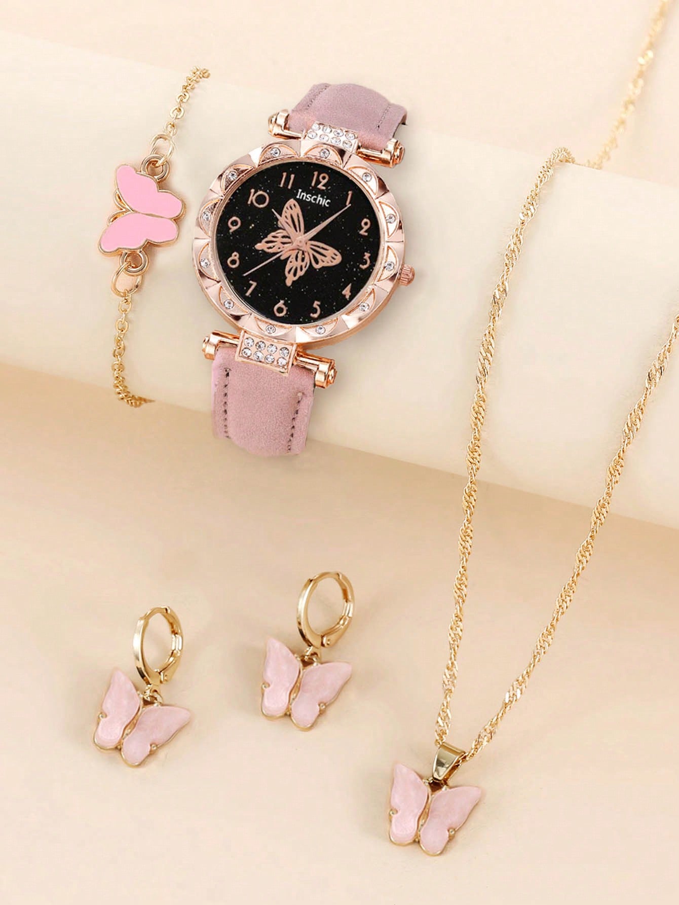 5pcs Elegant And Lovely Girls Quartz Watch Pink Butterfly Round Dial Quartz Watch For Women The Best Butterfly Necklace Earrings Bracelet Jewelry Watch Set As A Gift For Friends Halloween Christmas Gift Thanksgiving