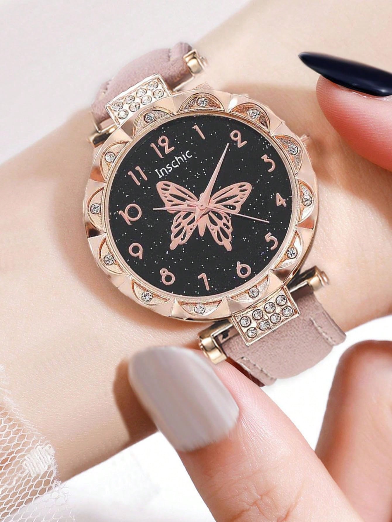 5pcs Elegant And Lovely Girls Quartz Watch Pink Butterfly Round Dial Quartz Watch For Women The Best Butterfly Necklace Earrings Bracelet Jewelry Watch Set As A Gift For Friends Halloween Christmas Gift Thanksgiving