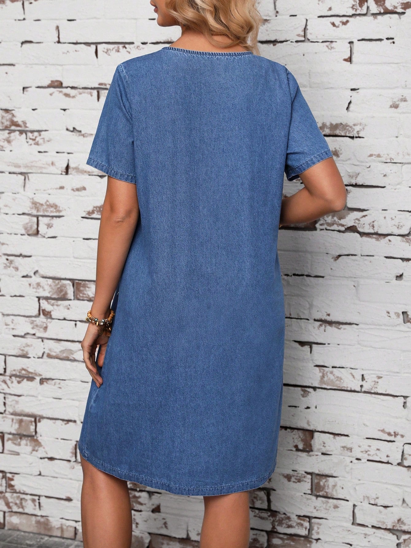 LUNE Women's Button Front Short Sleeve Denim Dress