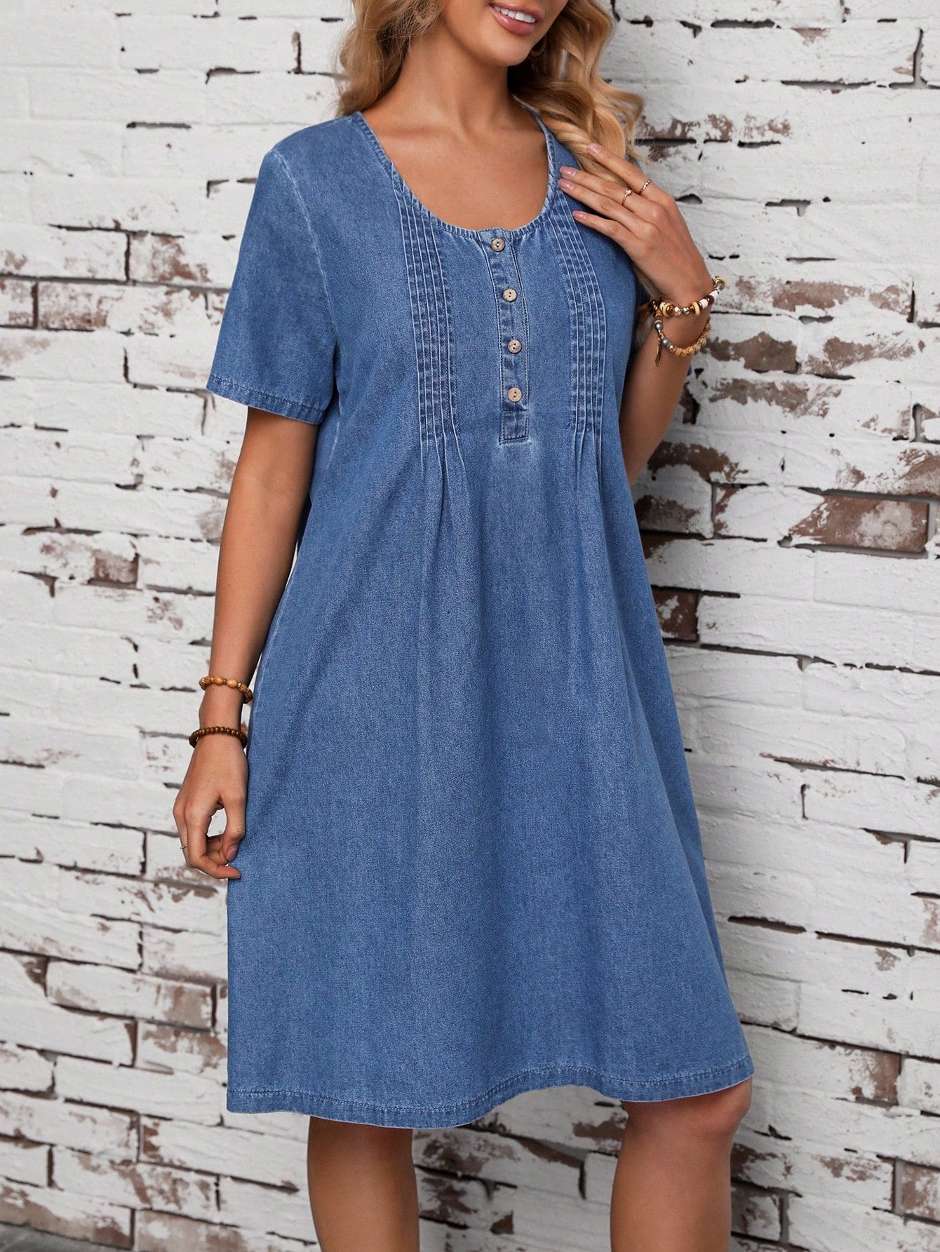 LUNE Women's Button Front Short Sleeve Denim Dress