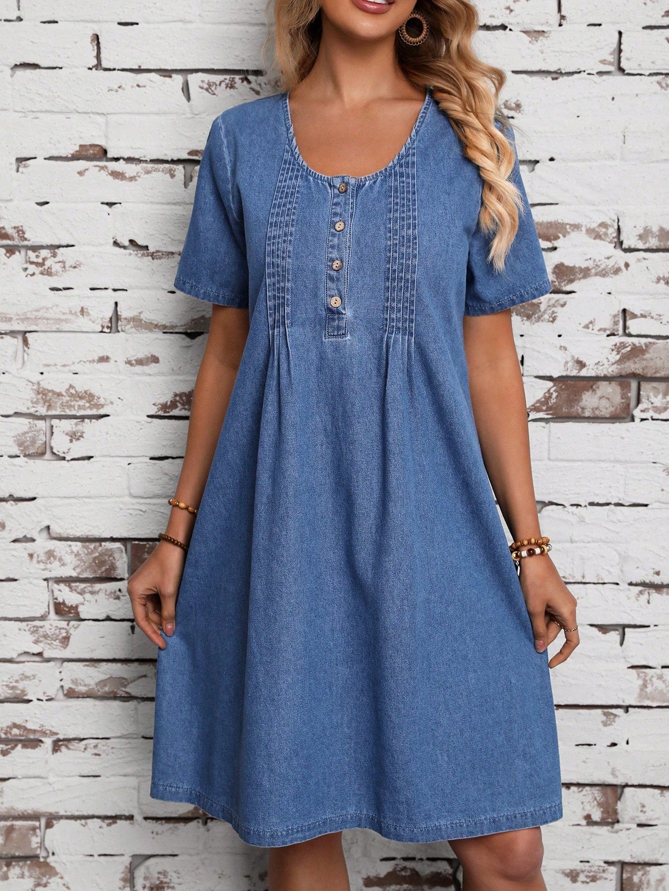 LUNE Women's Button Front Short Sleeve Denim Dress