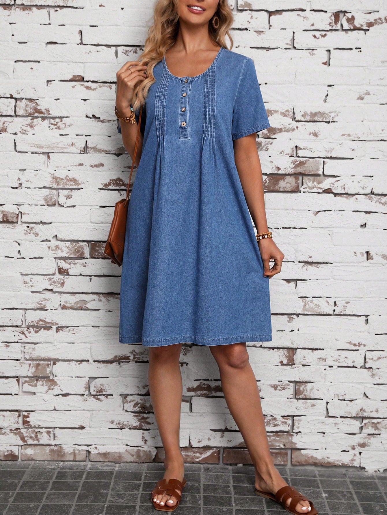 LUNE Women's Button Front Short Sleeve Denim Dress