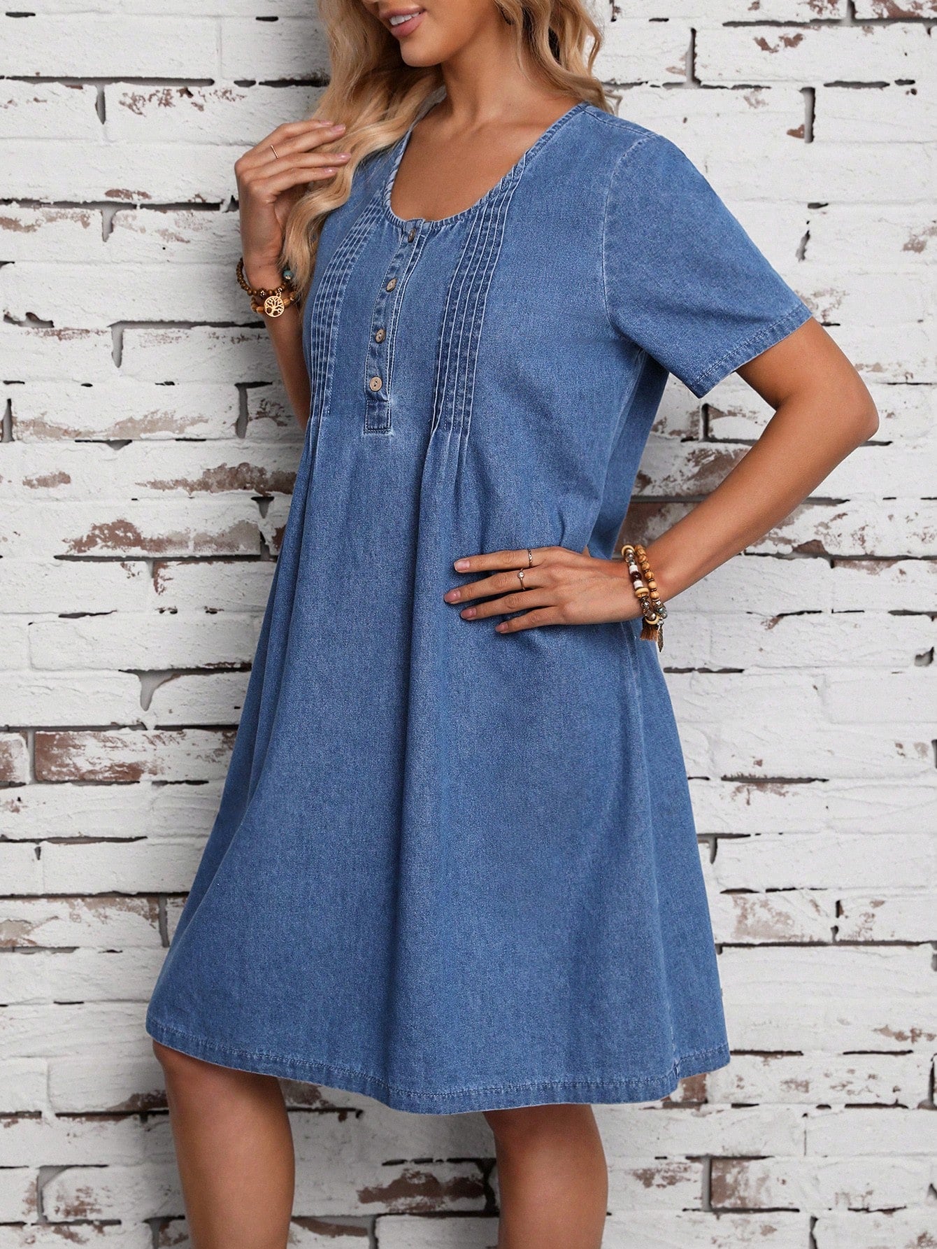 LUNE Women's Button Front Short Sleeve Denim Dress