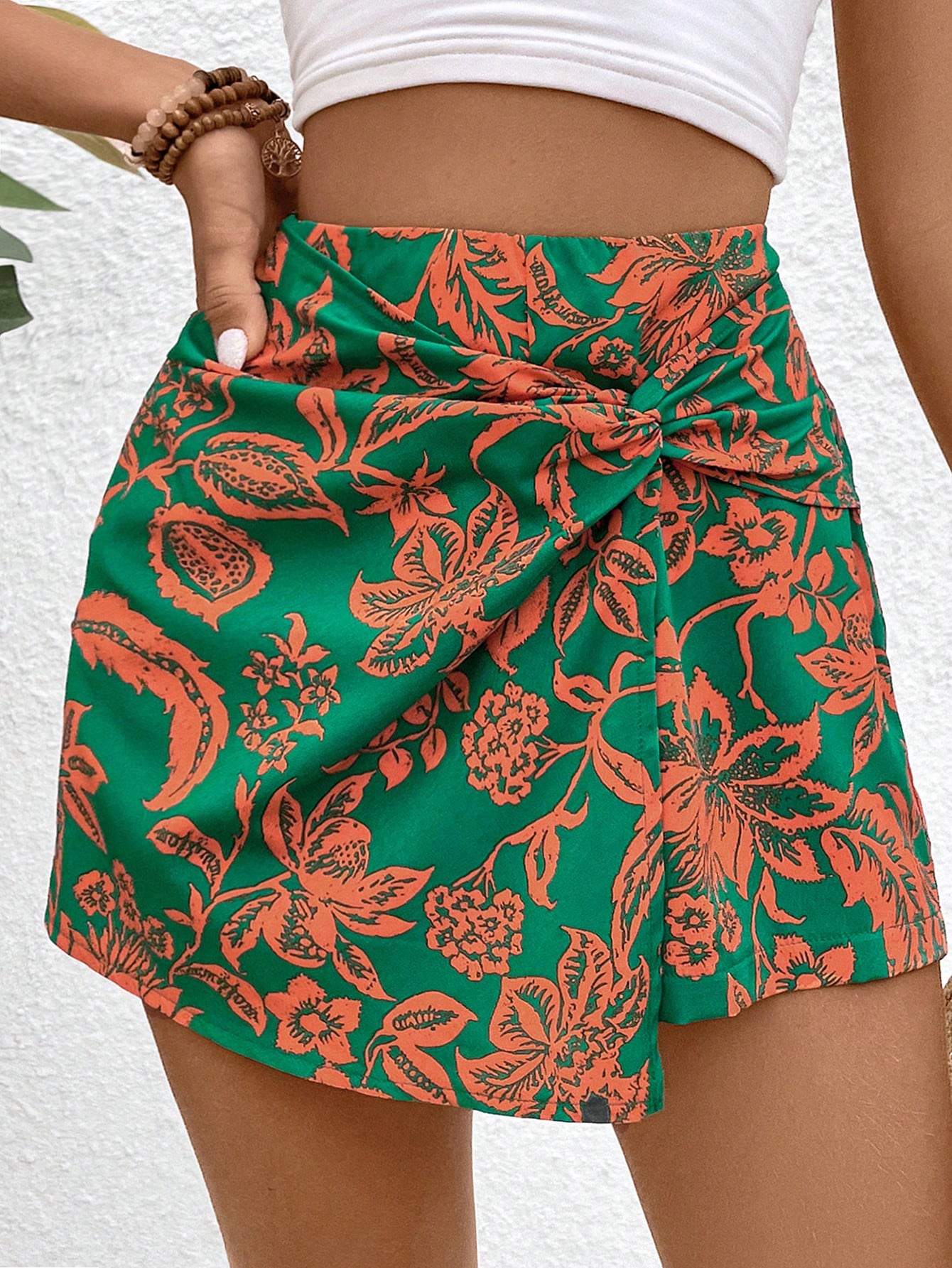 LUNE Bohemian Style Shorts With Asymmetrical Hem, All-Over Allover Print With Twisted Knot Design