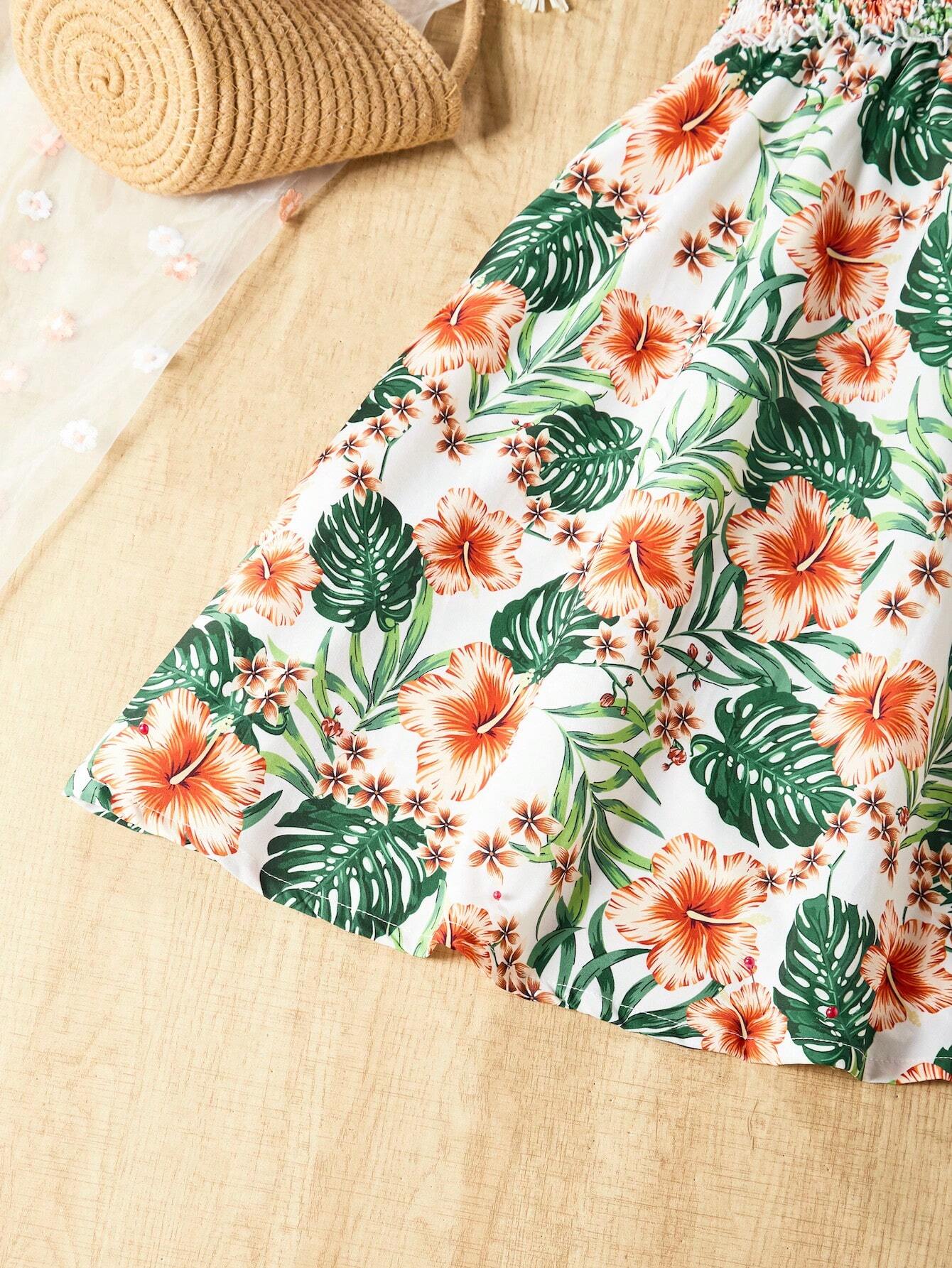 Teenage Girl Tropical Plant Print Open Shoulder Short Sleeve Dress