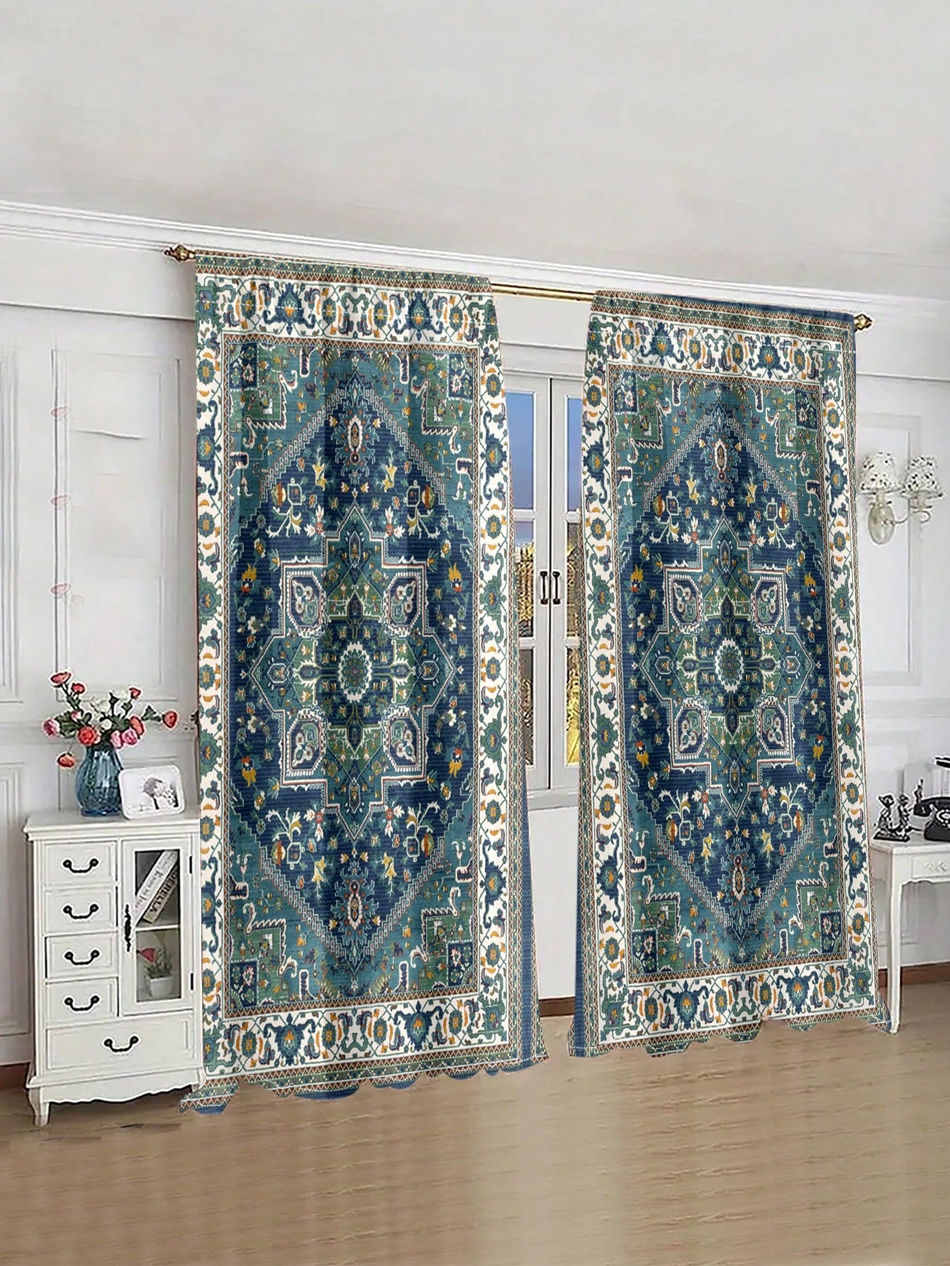 1 Set Of 2 Pieces, Bohemian Art Traditional Design Farmhouse Moroccan Geometric Pattern Digital Printing Rod Pocket Living Room Curtains, Rod Pocket Window Curtains For Living Room Furniture Decoration.