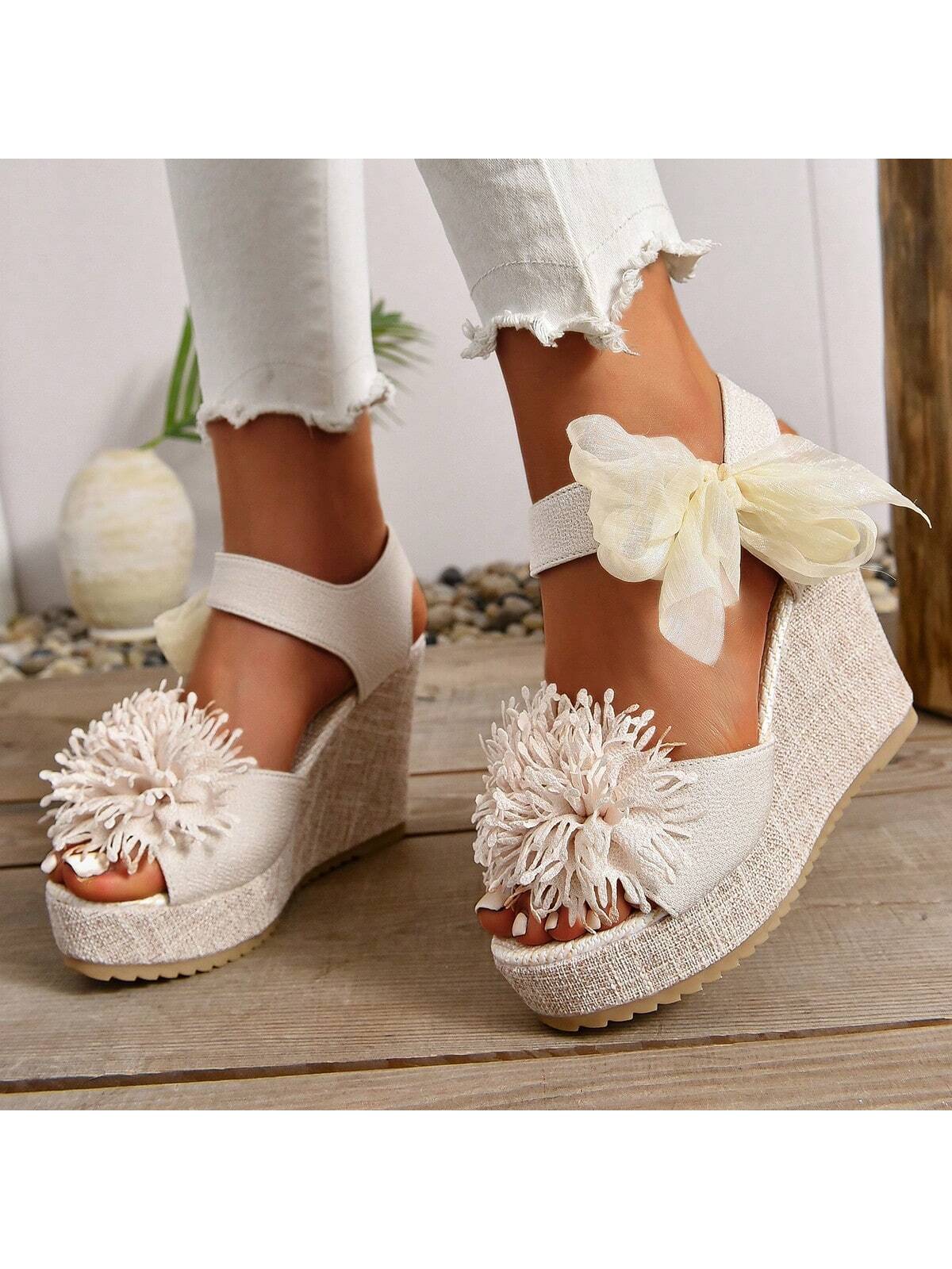 New Pure Handmade Floral Plain Wedding Wedge Heels With Lace Bow, Peep Toe, Anti-Slip Platform, Super High Thick Bottom Large Size Women Shoes For Summer