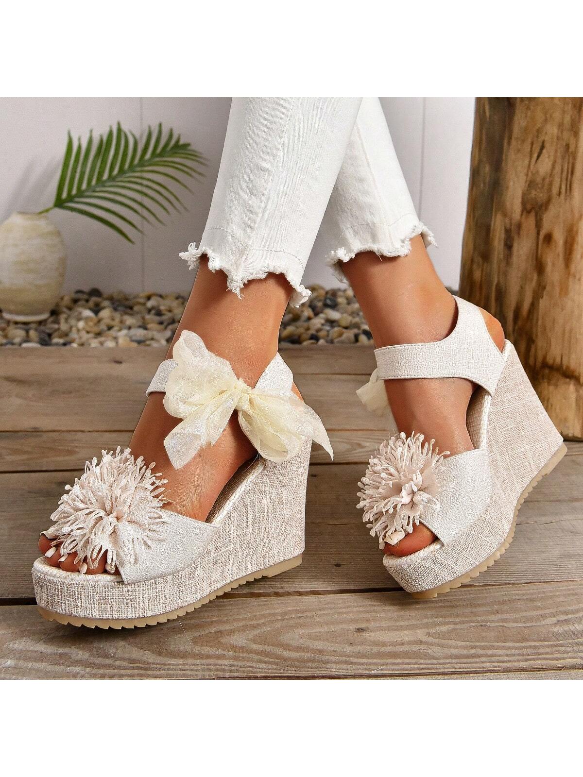 New Pure Handmade Floral Plain Wedding Wedge Heels With Lace Bow, Peep Toe, Anti-Slip Platform, Super High Thick Bottom Large Size Women Shoes For Summer