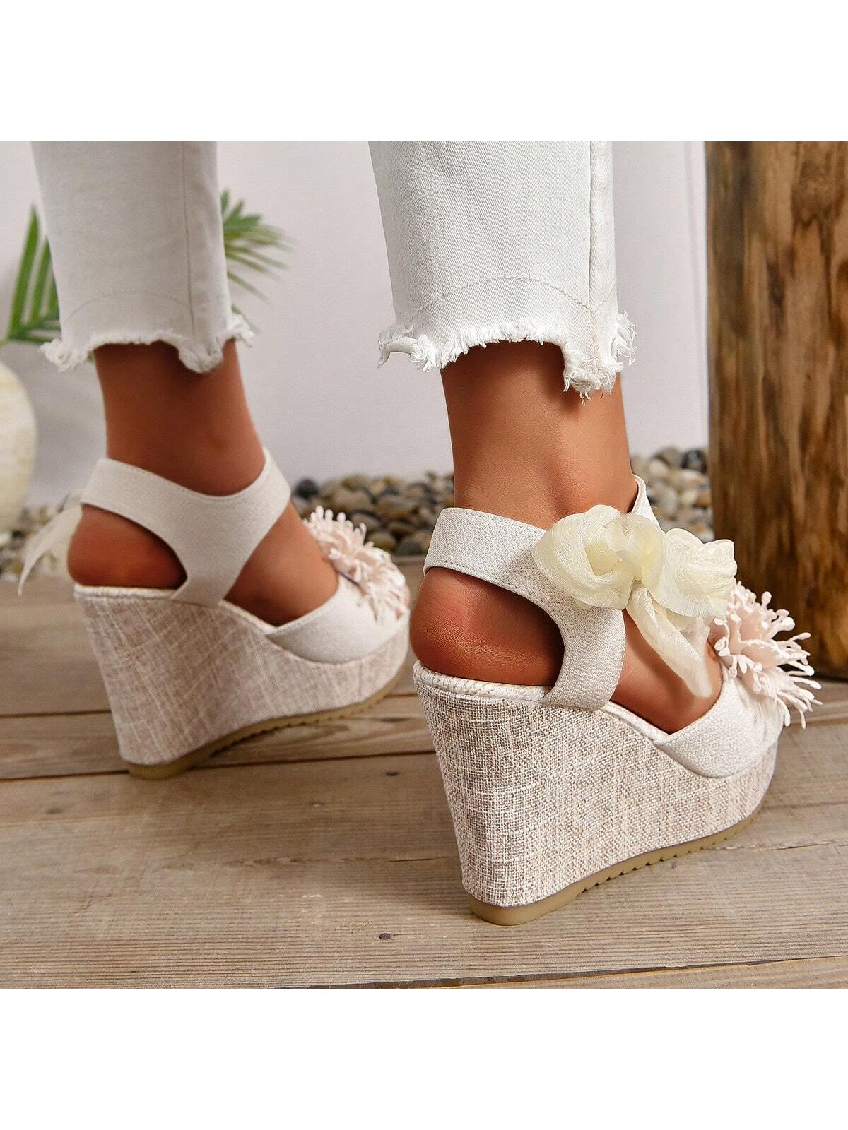 New Pure Handmade Floral Plain Wedding Wedge Heels With Lace Bow, Peep Toe, Anti-Slip Platform, Super High Thick Bottom Large Size Women Shoes For Summer