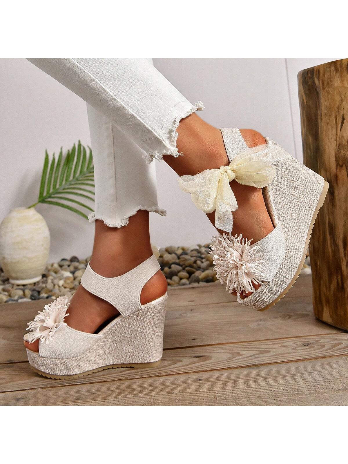 New Pure Handmade Floral Plain Wedding Wedge Heels With Lace Bow, Peep Toe, Anti-Slip Platform, Super High Thick Bottom Large Size Women Shoes For Summer