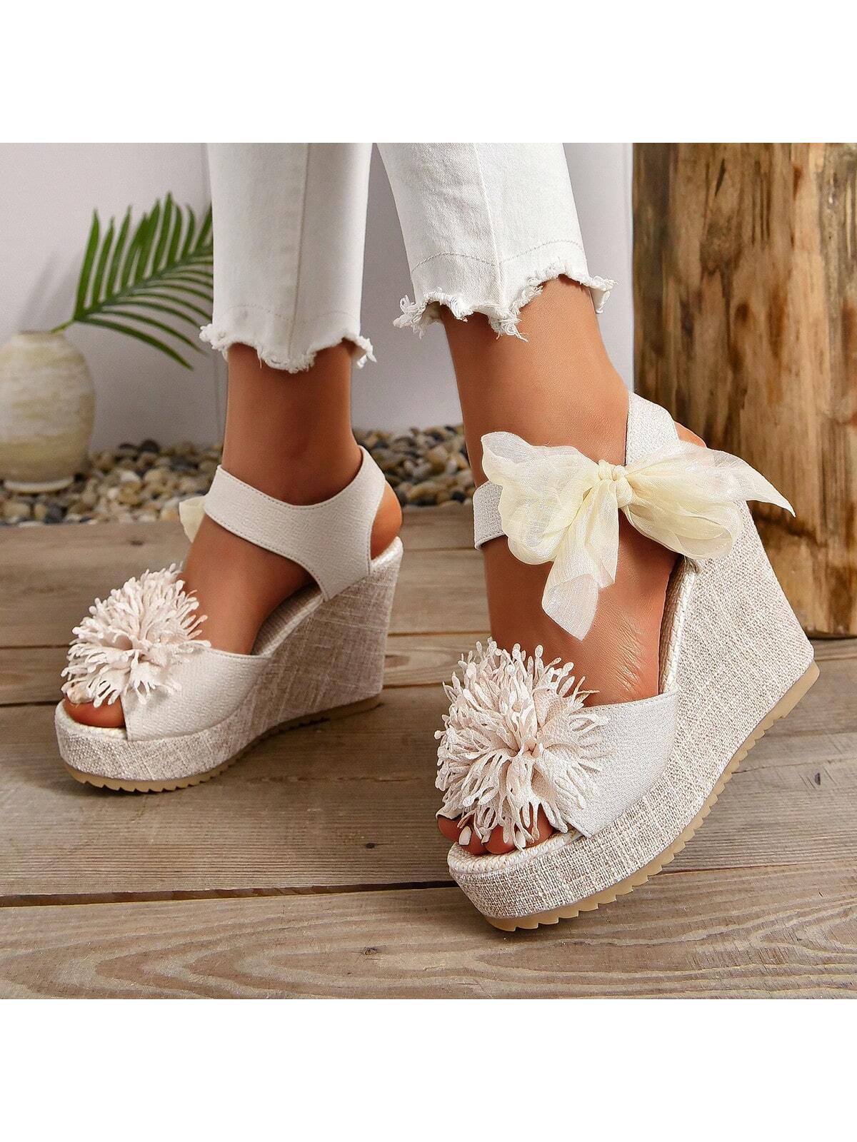 New Pure Handmade Floral Plain Wedding Wedge Heels With Lace Bow, Peep Toe, Anti-Slip Platform, Super High Thick Bottom Large Size Women Shoes For Summer