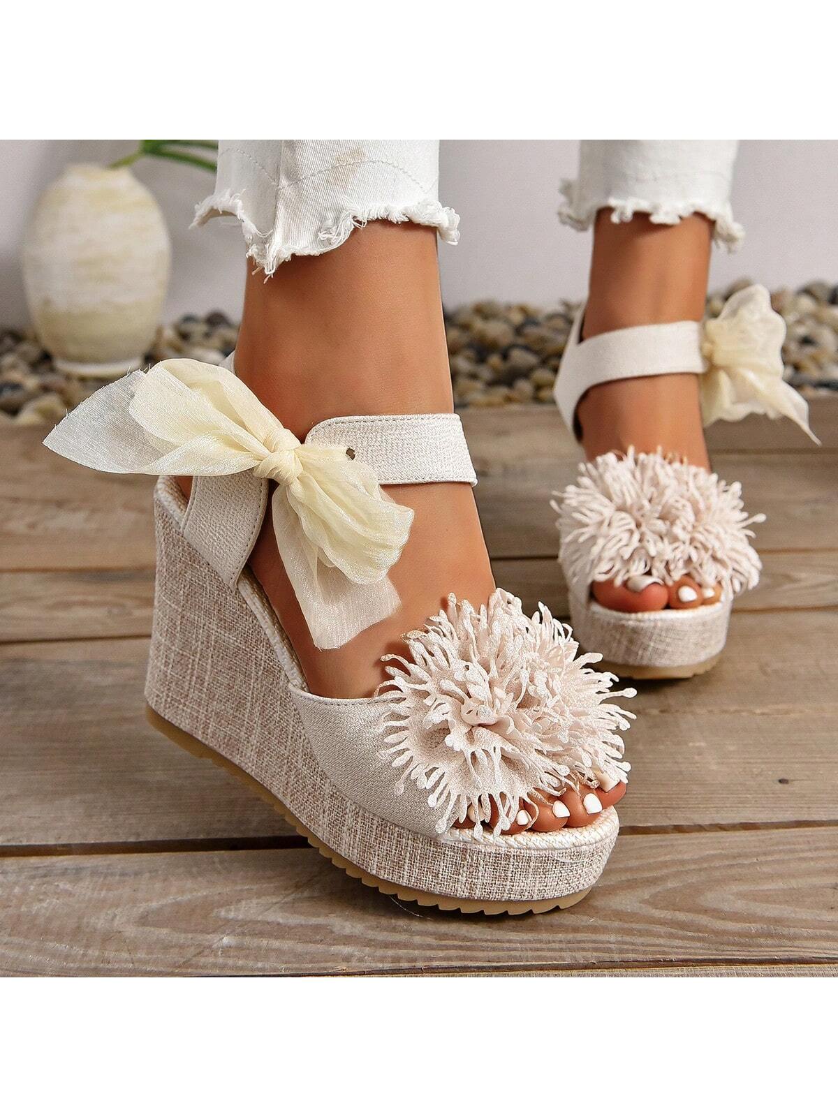 New Pure Handmade Floral Plain Wedding Wedge Heels With Lace Bow, Peep Toe, Anti-Slip Platform, Super High Thick Bottom Large Size Women Shoes For Summer