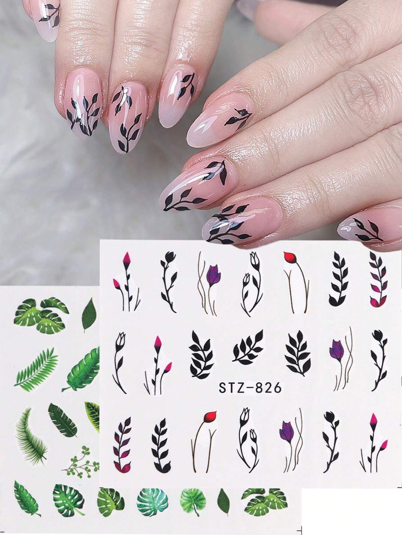 4Pcs Black Nail Stickers Water Transfer Fresh Nail Decals For Nail Art, Palm Leaf Flower Nail Design Stickers For DIY Nails Design Manicure Tips Decorations