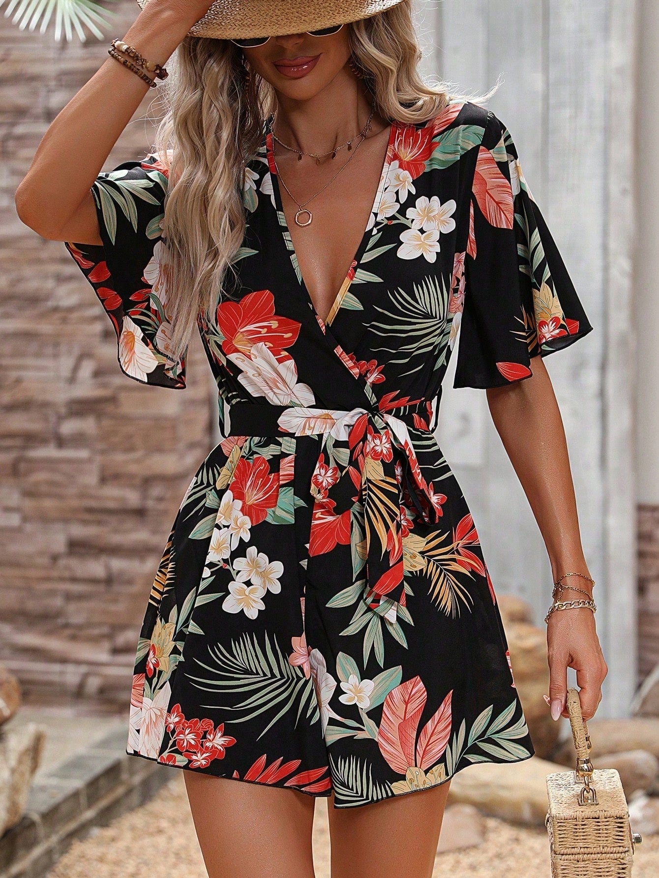 VCAY Floral Print Surplice Neck Belted Romper