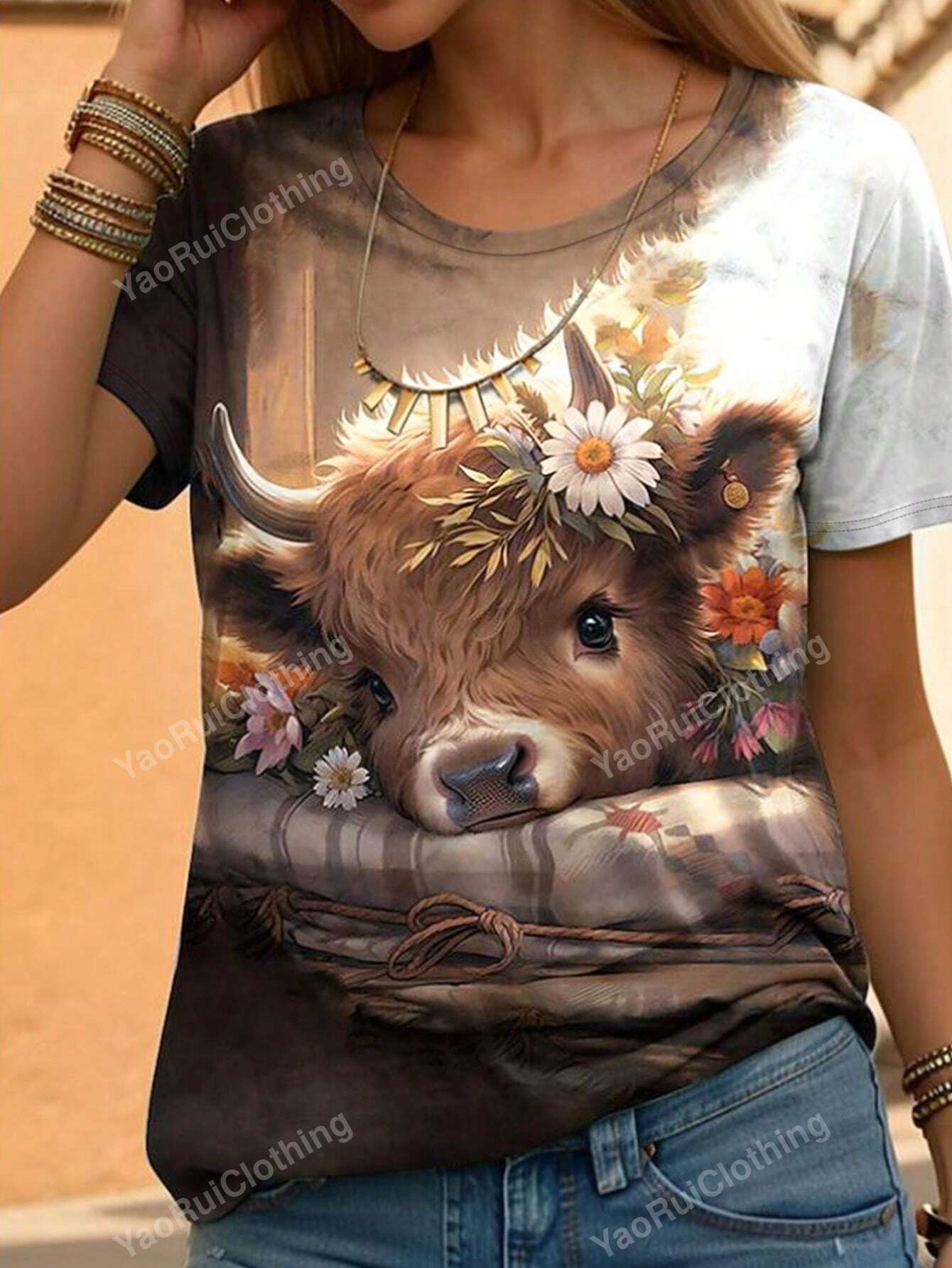 Fashionable Spring/Summer Cow Printed Short Sleeve T-Shirt, Casual And Cute