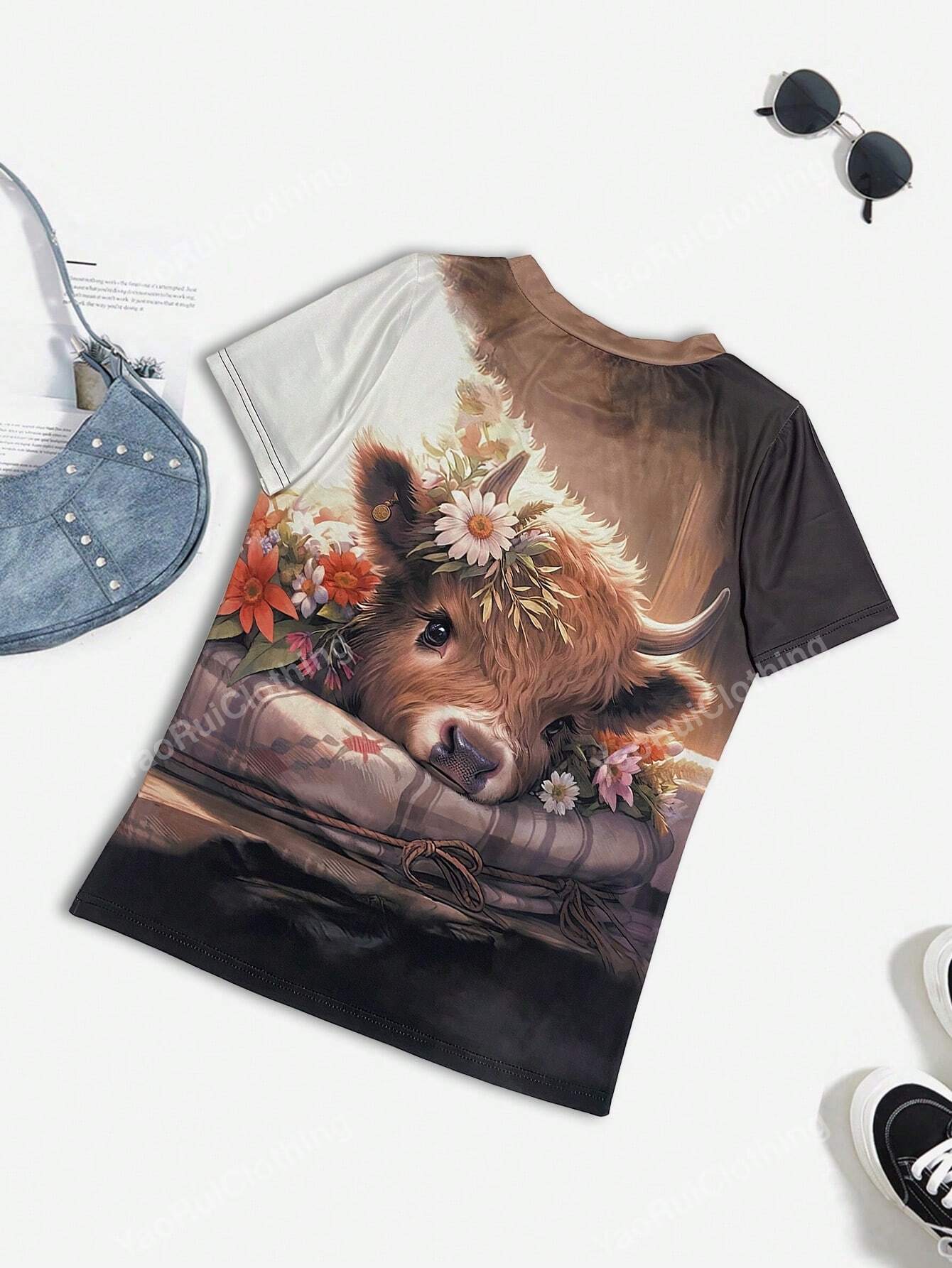 Fashionable Spring/Summer Cow Printed Short Sleeve T-Shirt, Casual And Cute