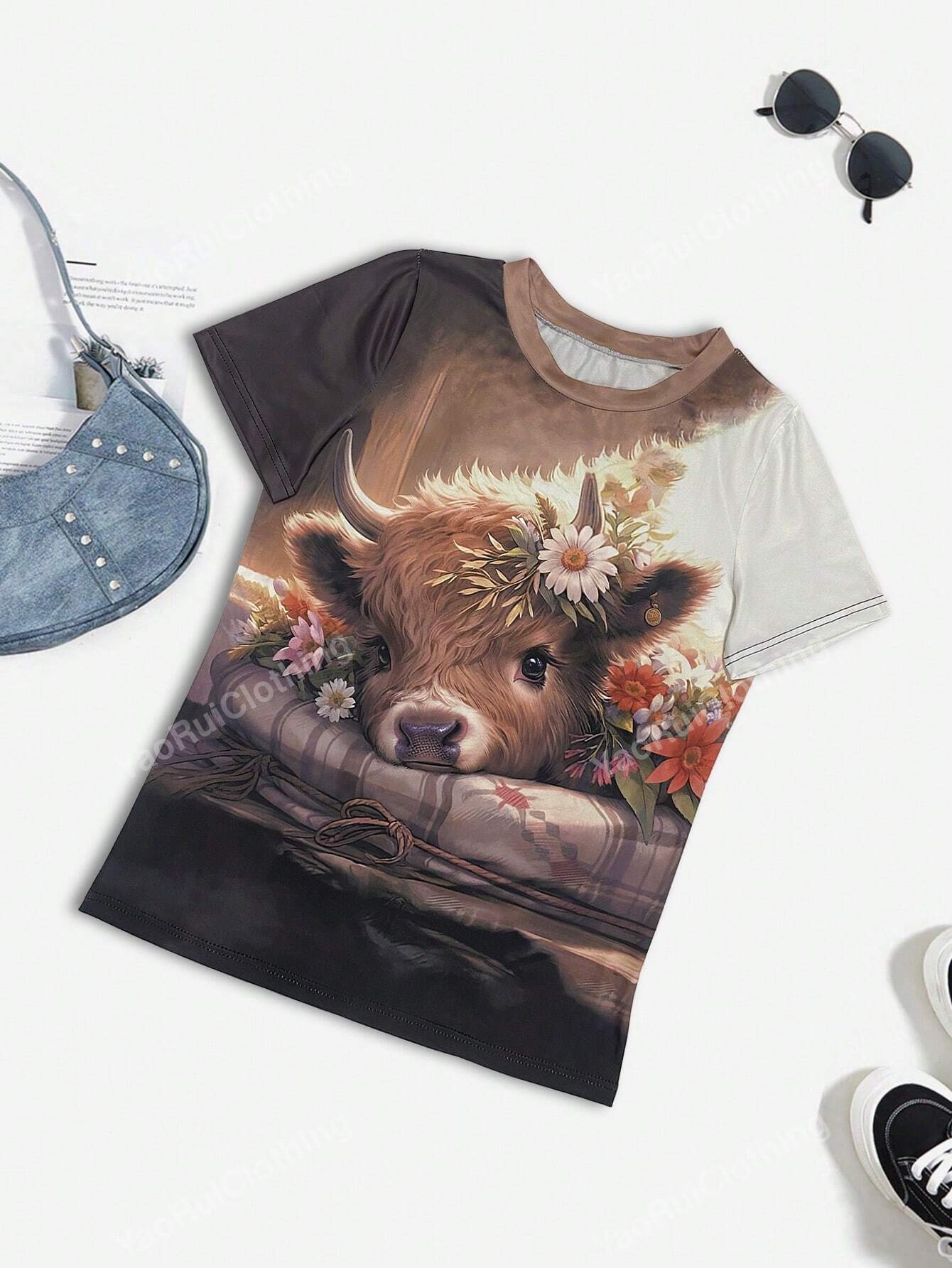 Fashionable Spring/Summer Cow Printed Short Sleeve T-Shirt, Casual And Cute